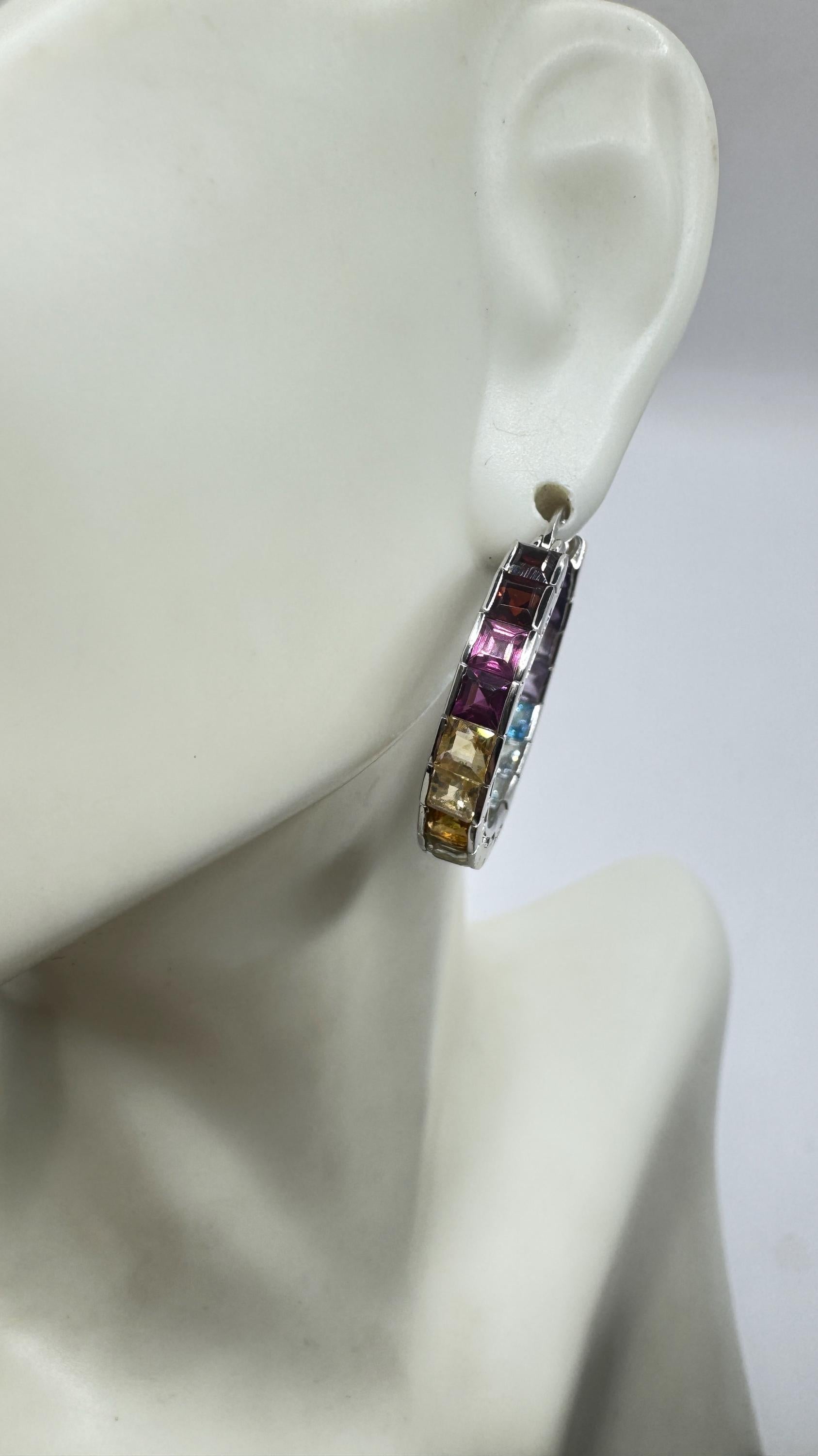 Vintage Gemstone Hoop Earrings 925 Sterling Silver
