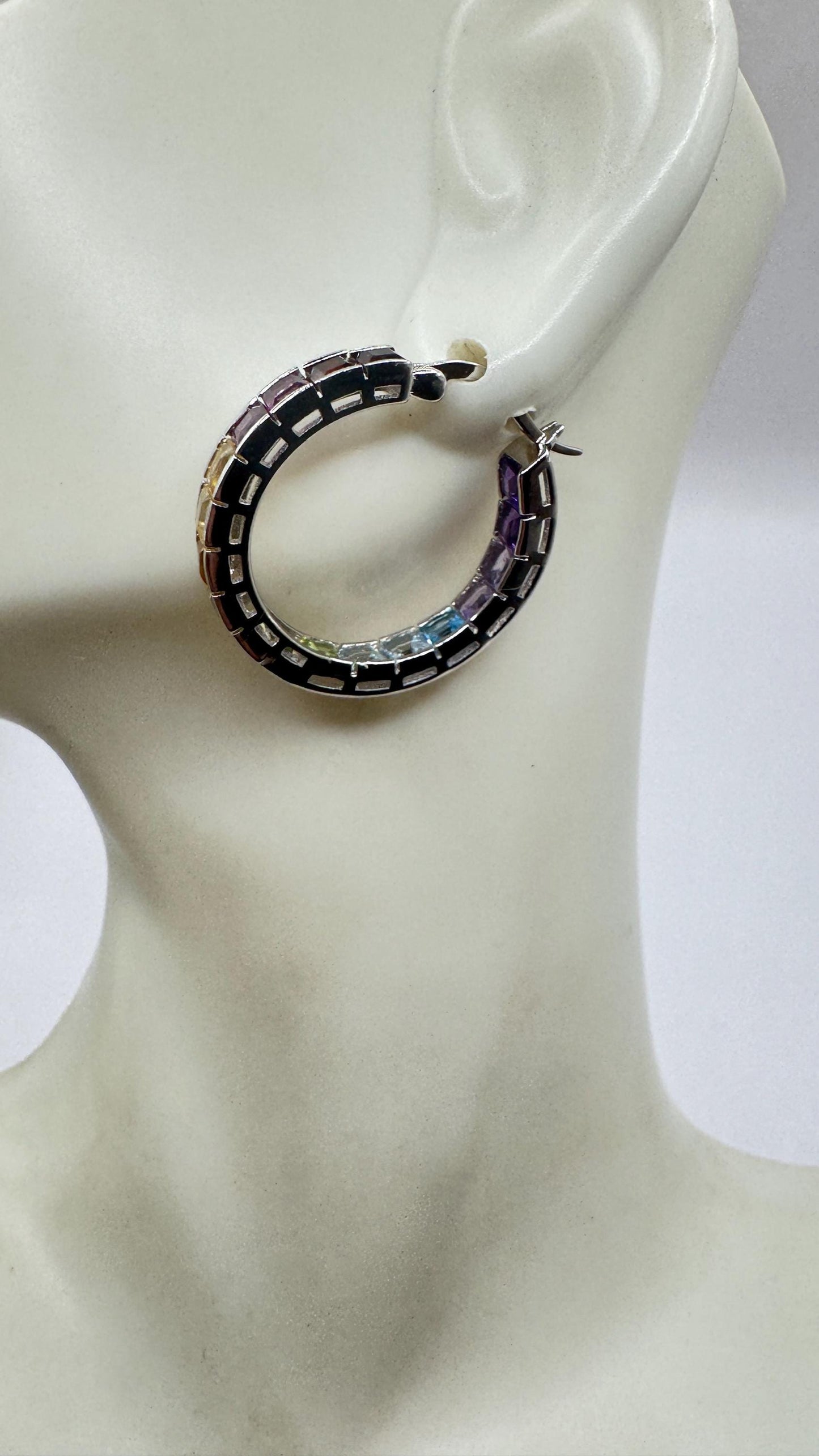 Vintage Gemstone Hoop Earrings 925 Sterling Silver