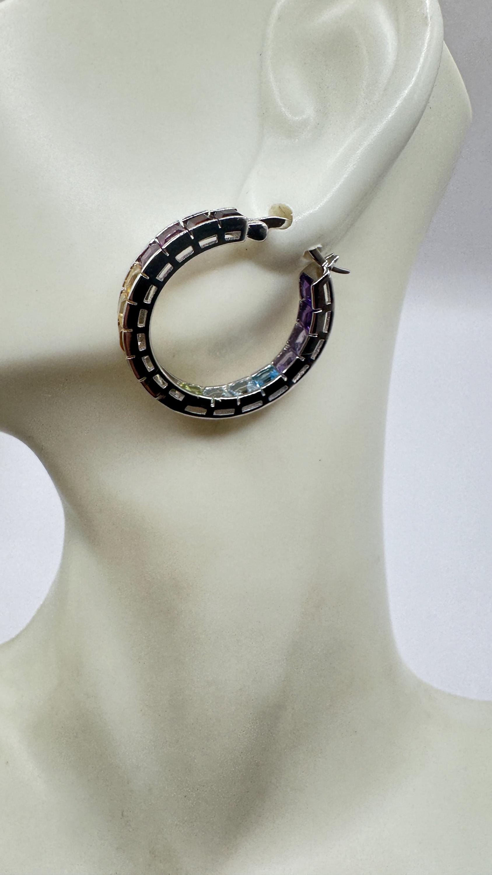 Vintage Gemstone Hoop Earrings 925 Sterling Silver