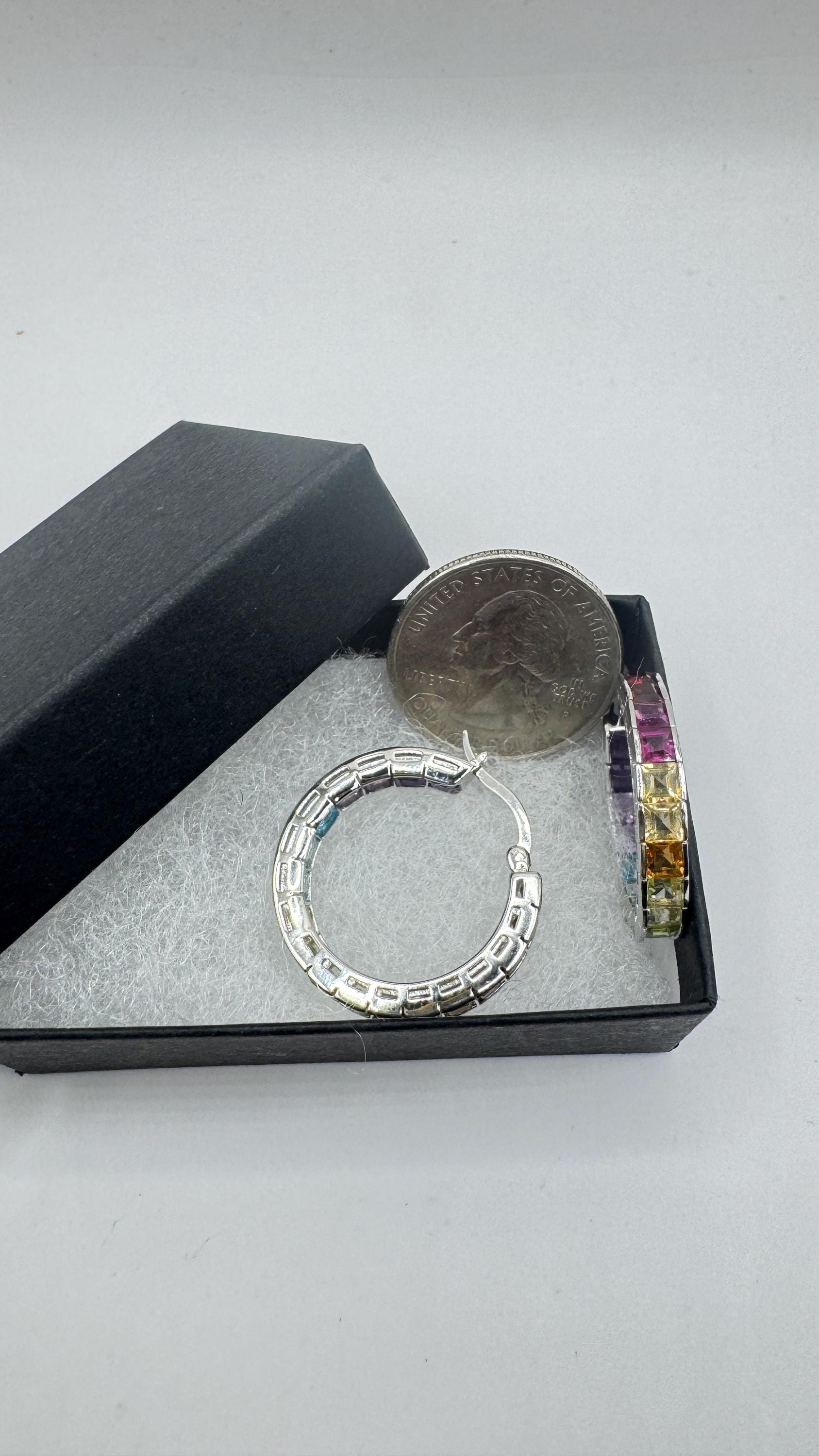 Vintage Gemstone Hoop Earrings 925 Sterling Silver