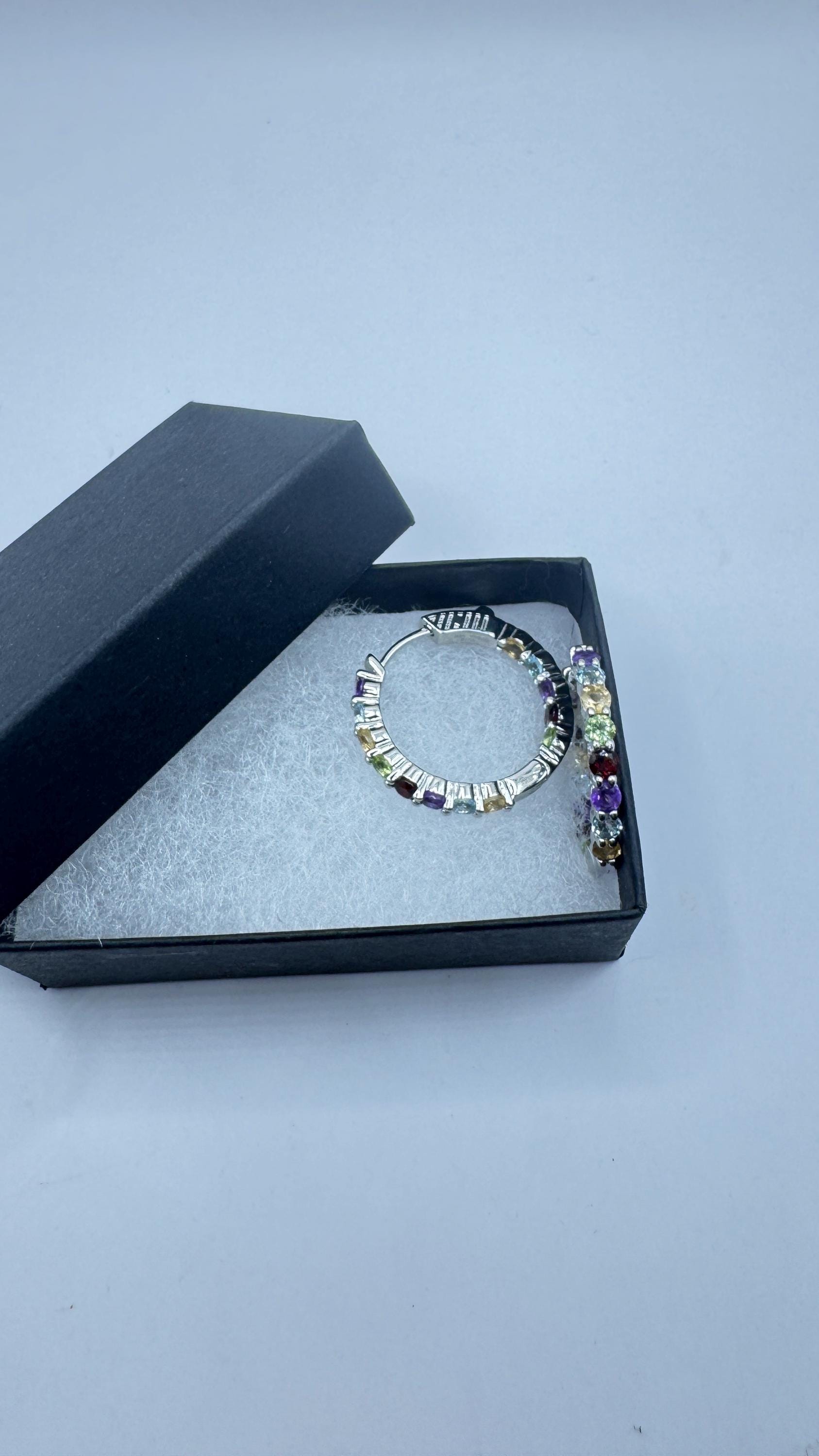 Vintage Gemstone Hoop Earrings 925 Sterling Silver