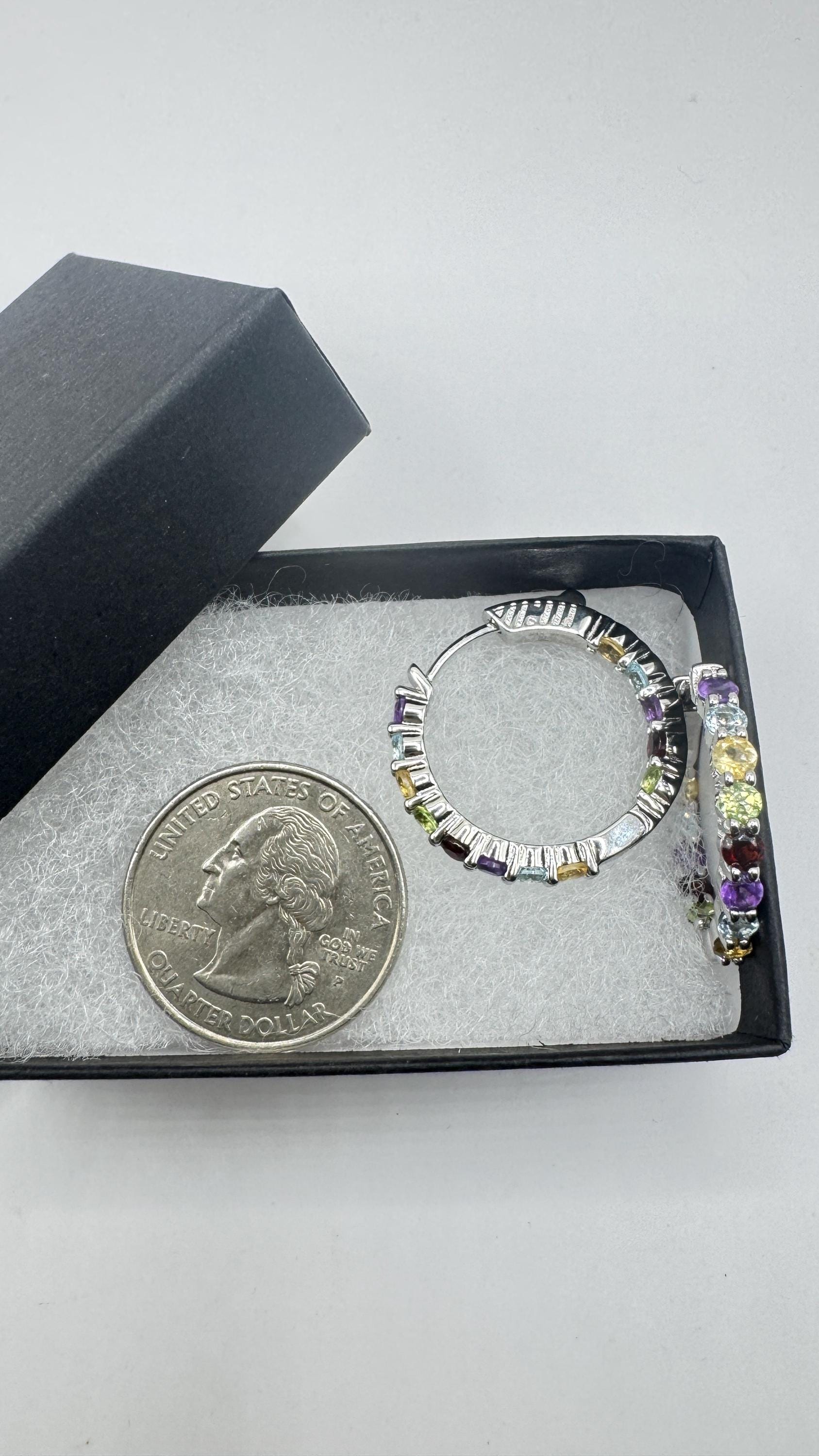 Vintage Gemstone Hoop Earrings 925 Sterling Silver