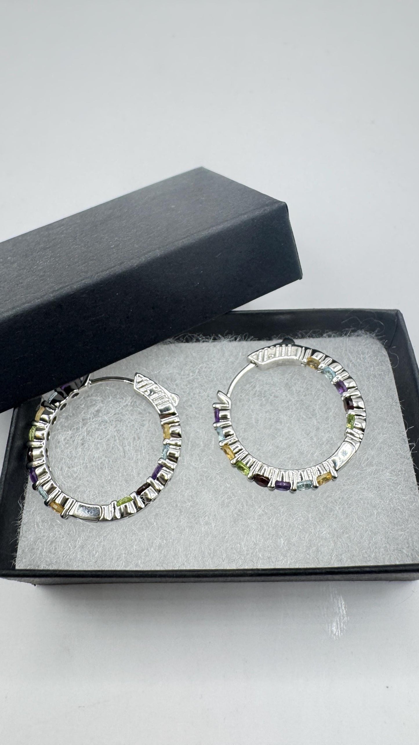 Vintage Gemstone Hoop Earrings 925 Sterling Silver