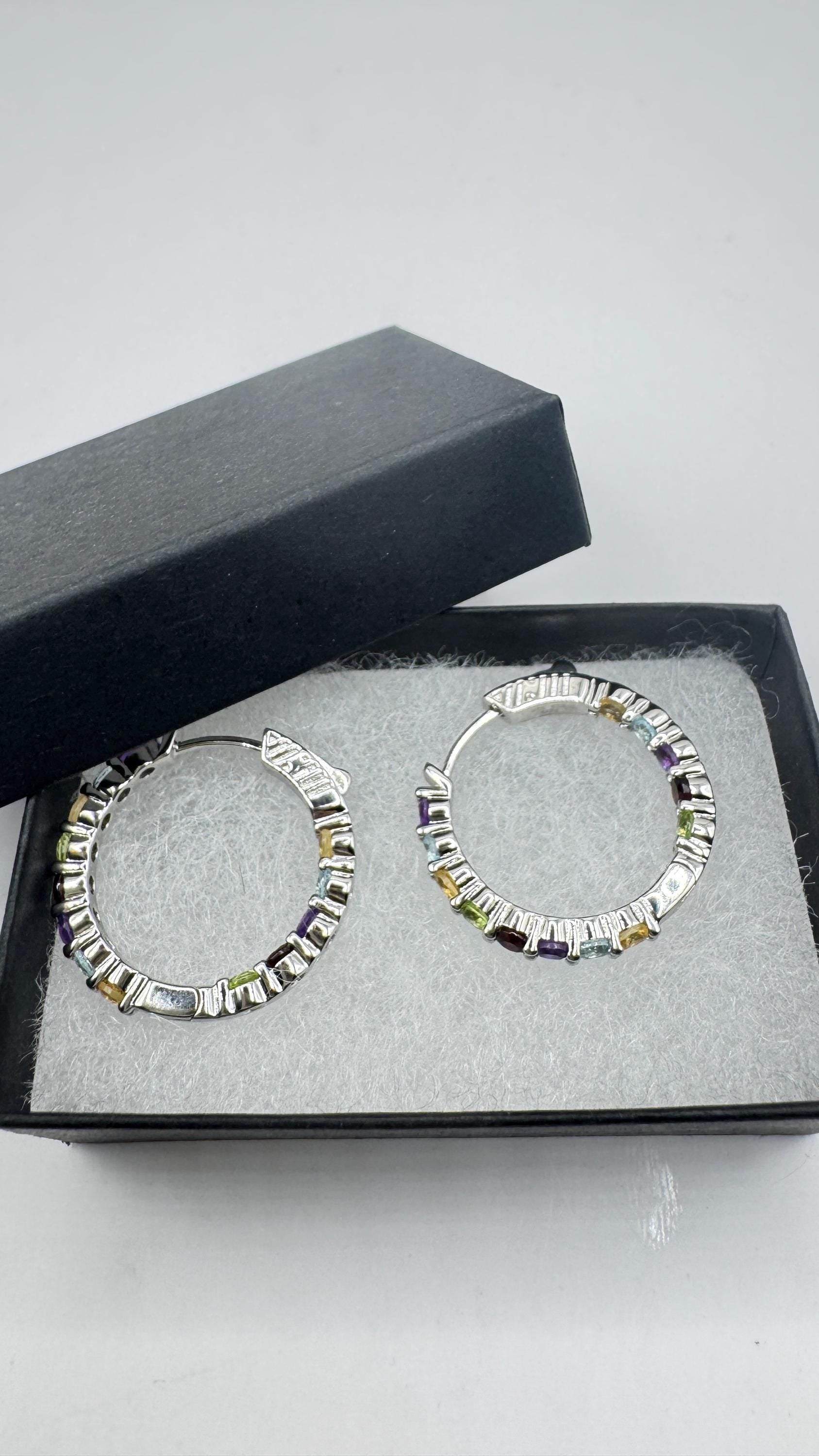 Vintage Gemstone Hoop Earrings 925 Sterling Silver