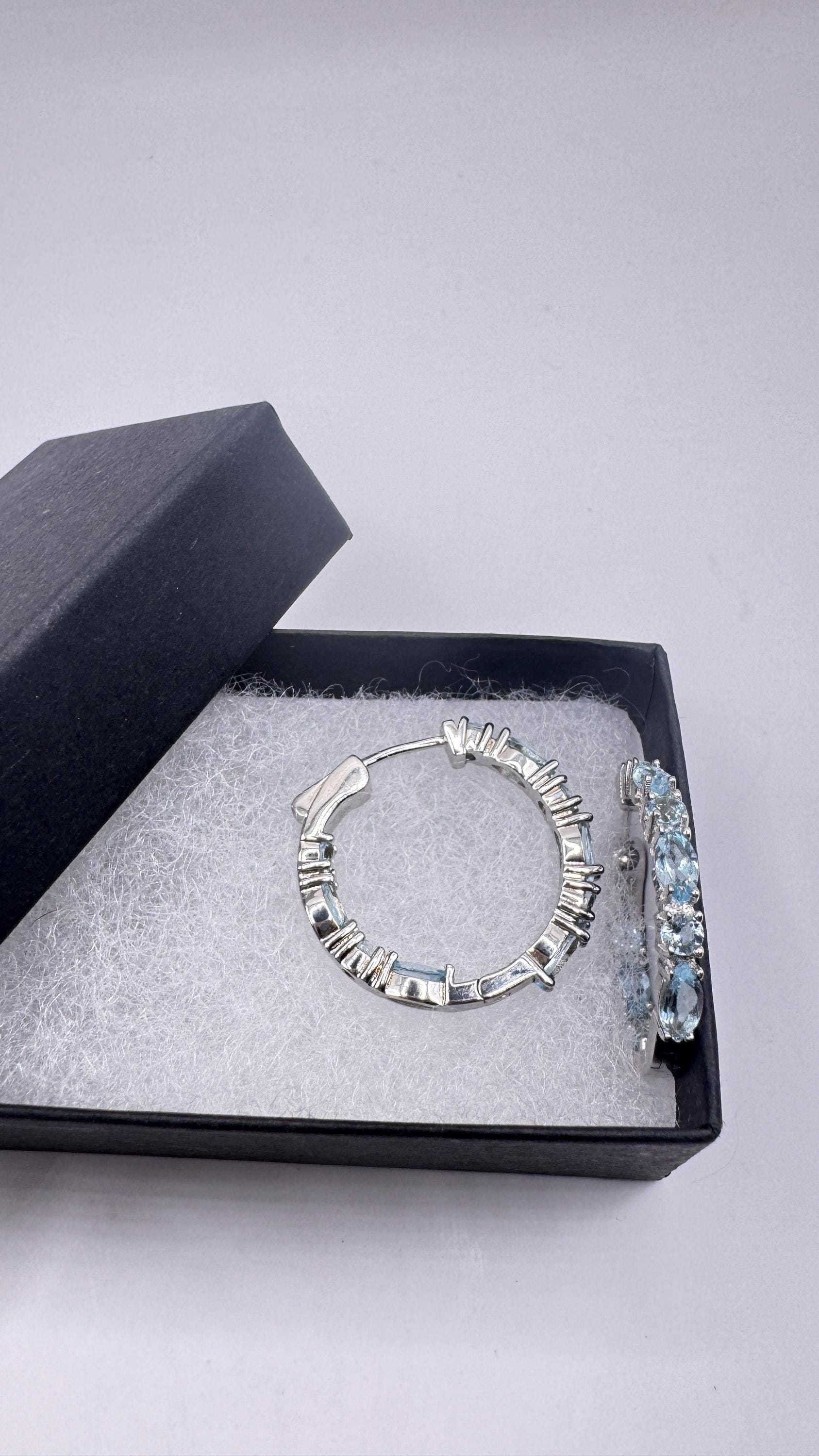 Vintage 925 Sterling Silver Blue Topaz Hoop Earrings