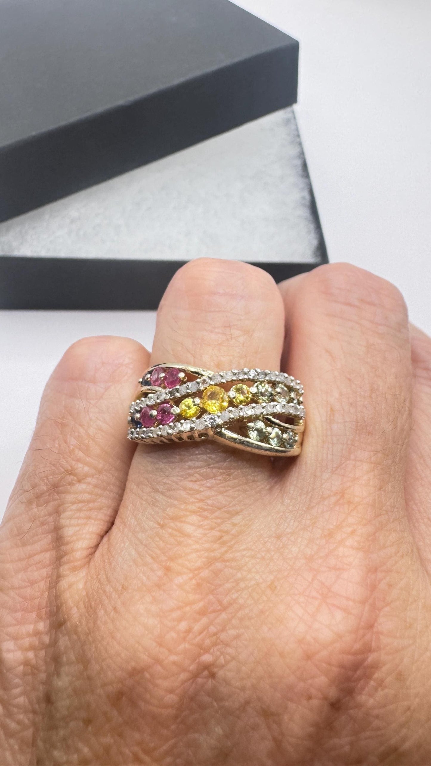 Vintage Toumaline Diamond Gold 925 Sterling Silver Band Ring