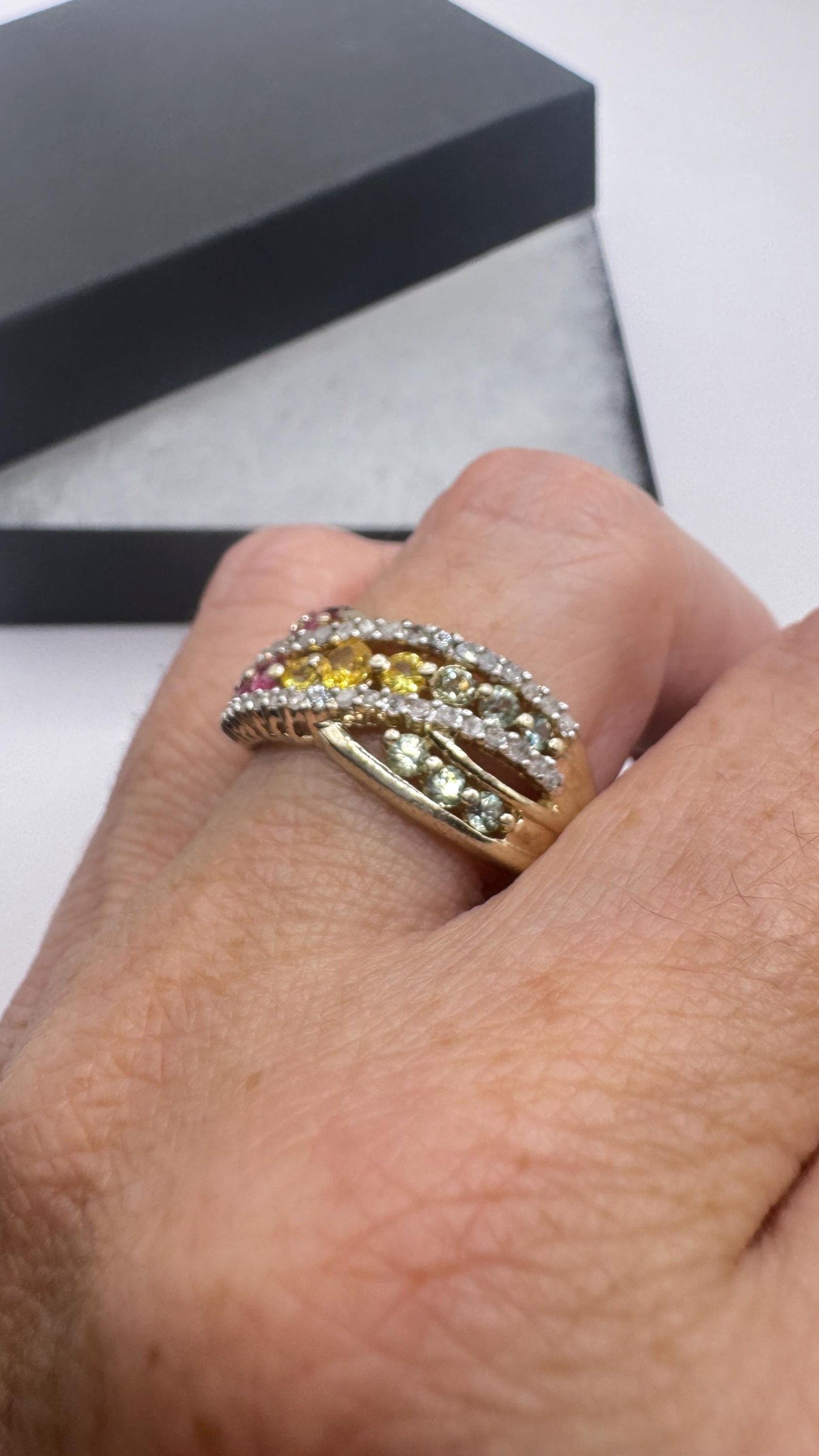 Vintage Toumaline Diamond Gold 925 Sterling Silver Band Ring
