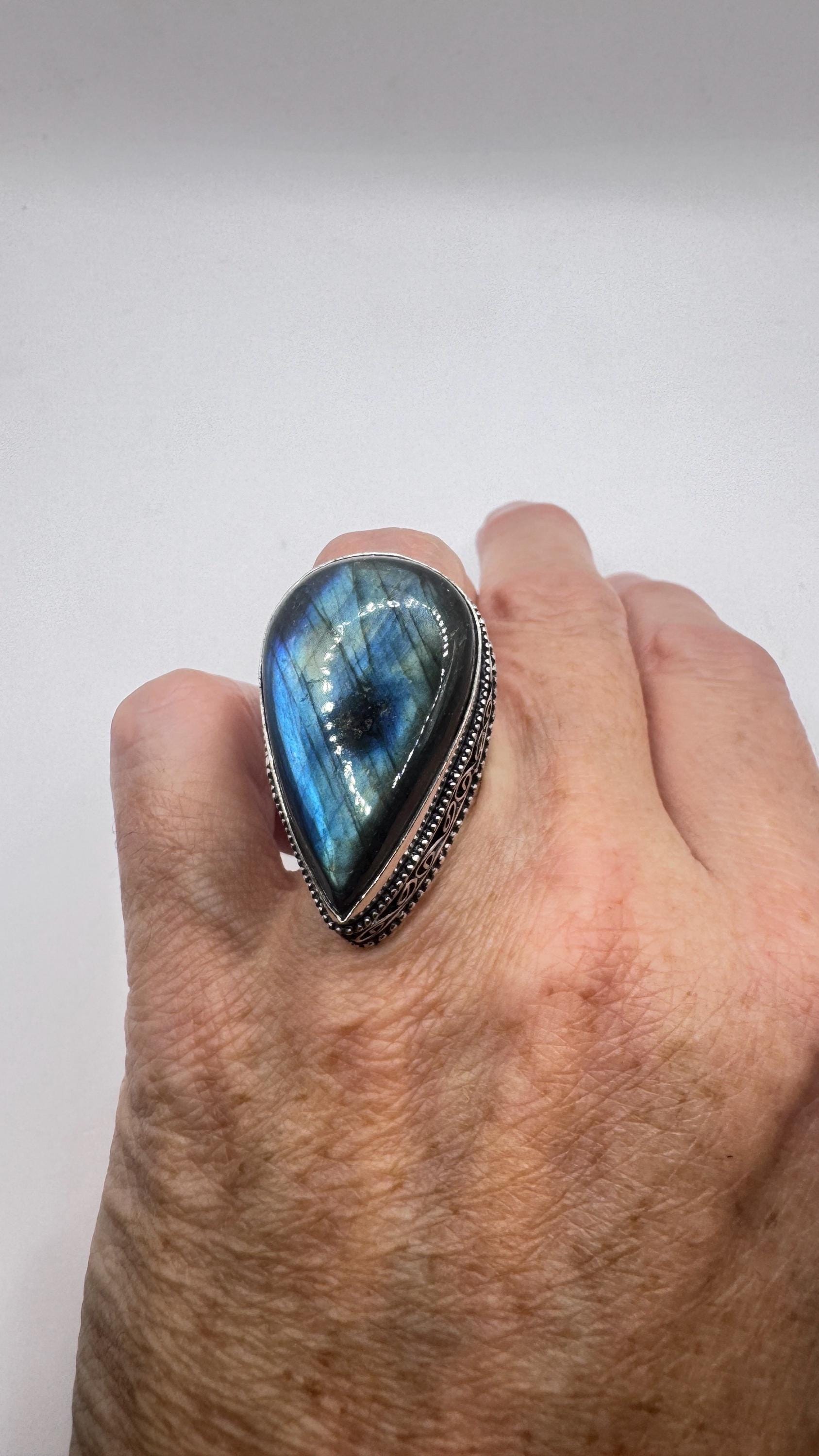 Vintage Large Labradorite Rainbow Moonstone Stone Silver Ring