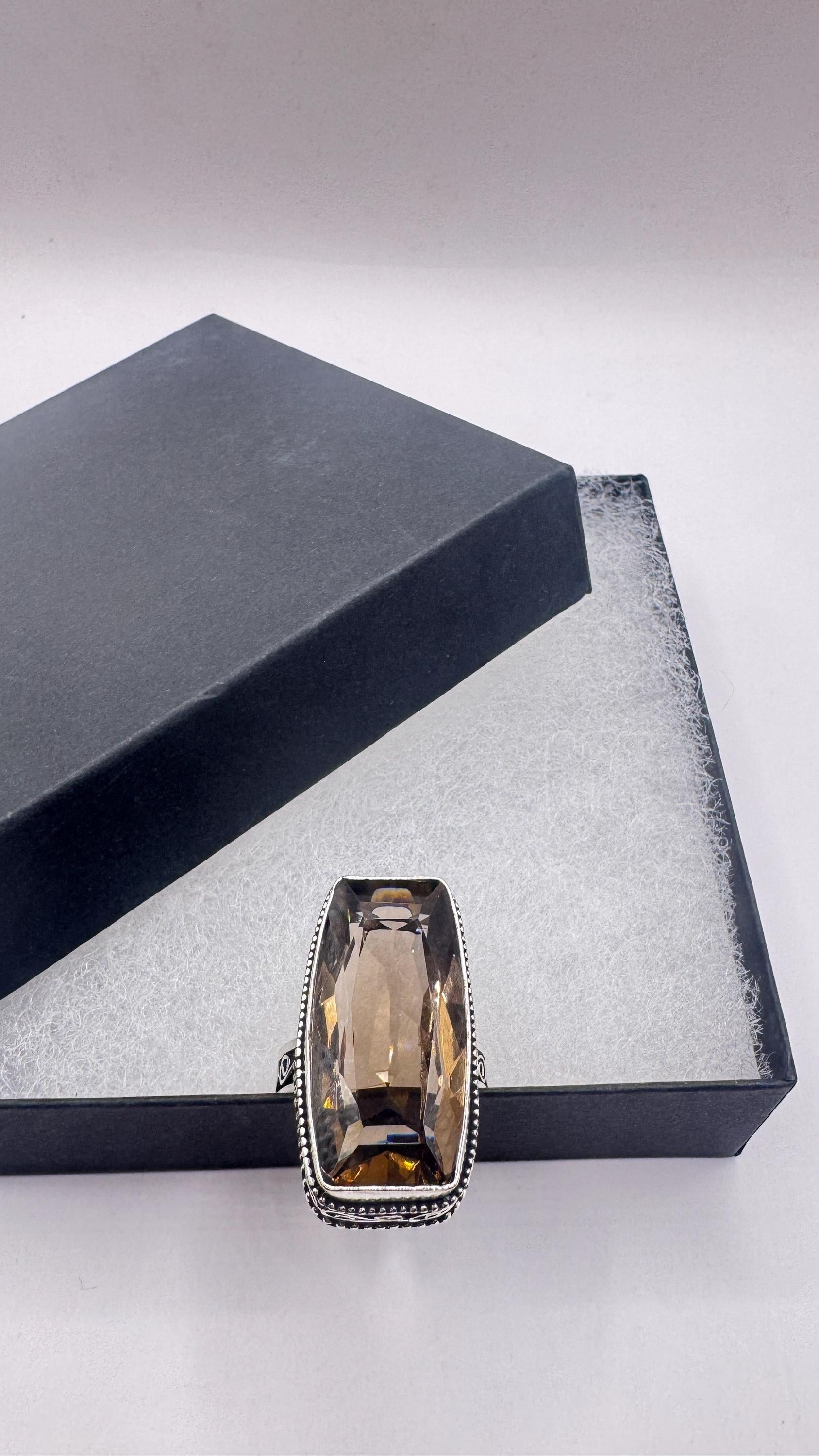 Vintage Smoky Topaz Ring Silver Bronze