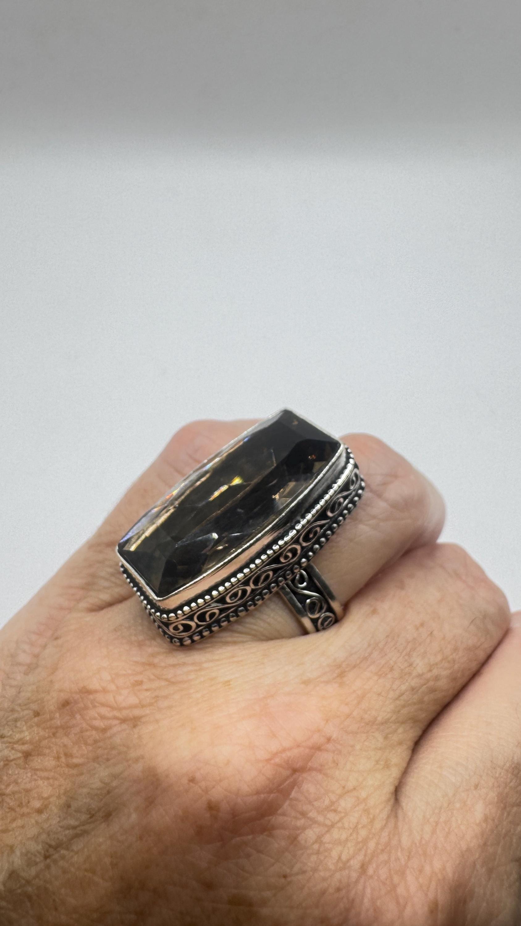 Vintage Smoky Topaz Ring Silver Bronze