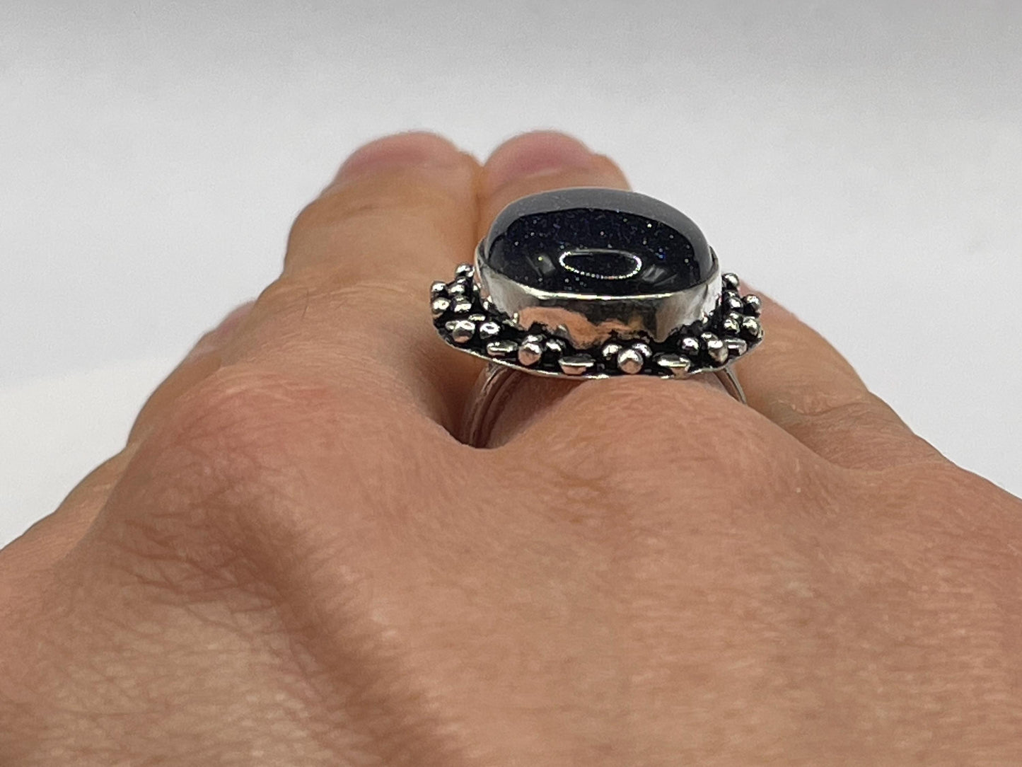 Vintage Black Goldstone Silver Bronze Ring