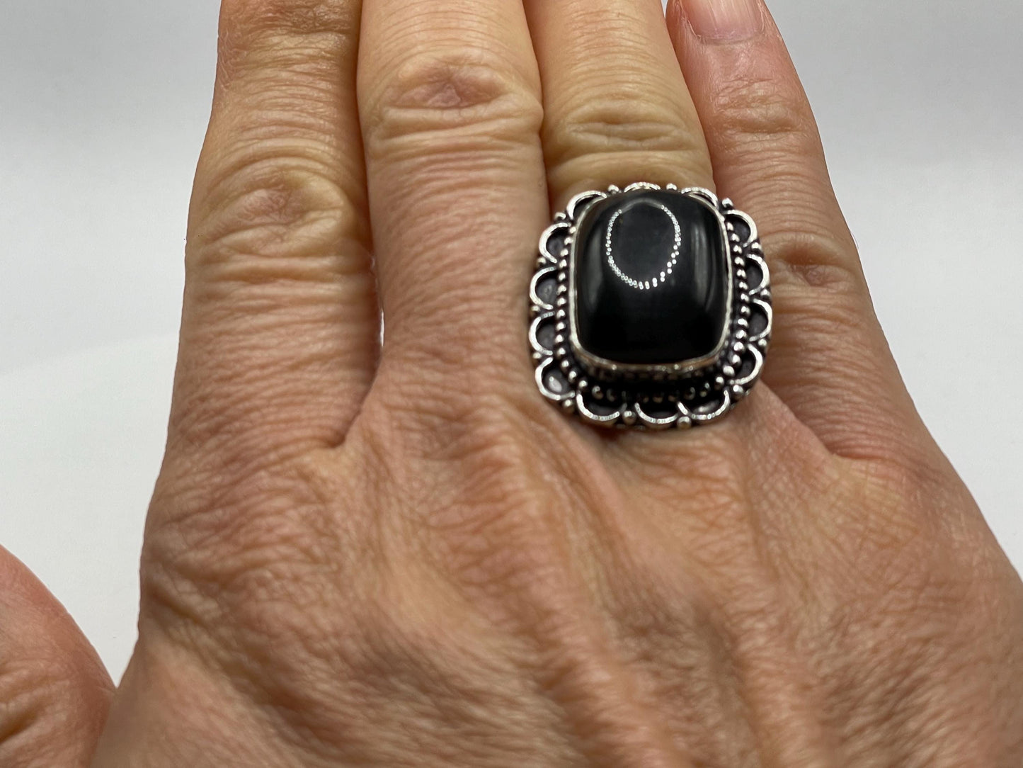 Vintage Black Catseye Silver Bronze Ring
