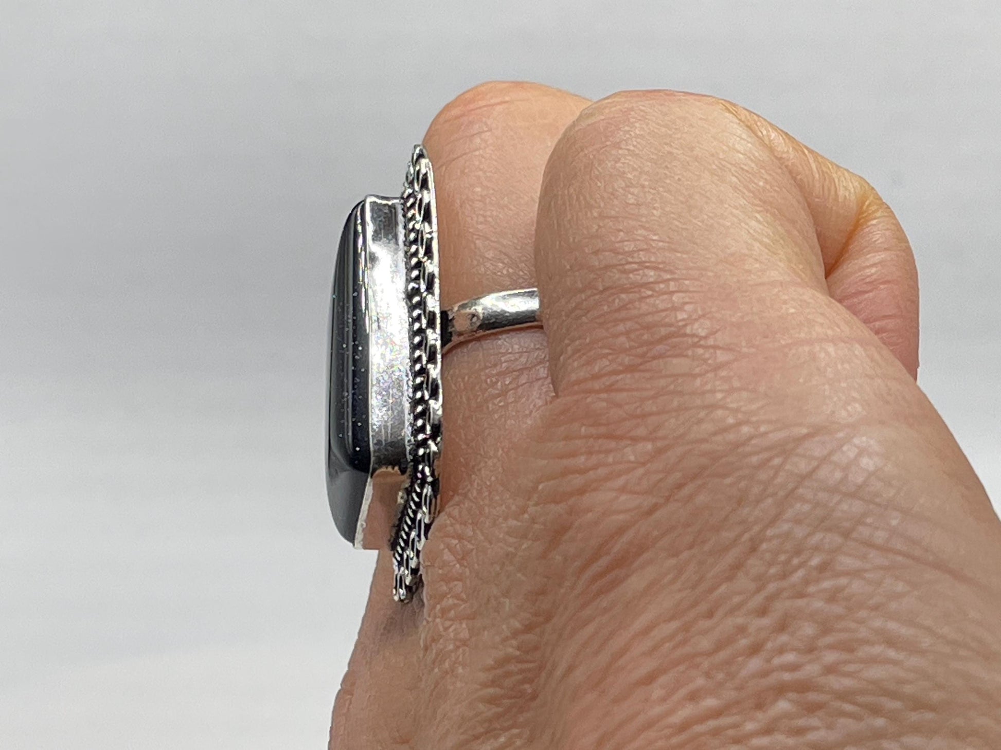 Vintage Black Goldstone Silver Bronze Ring