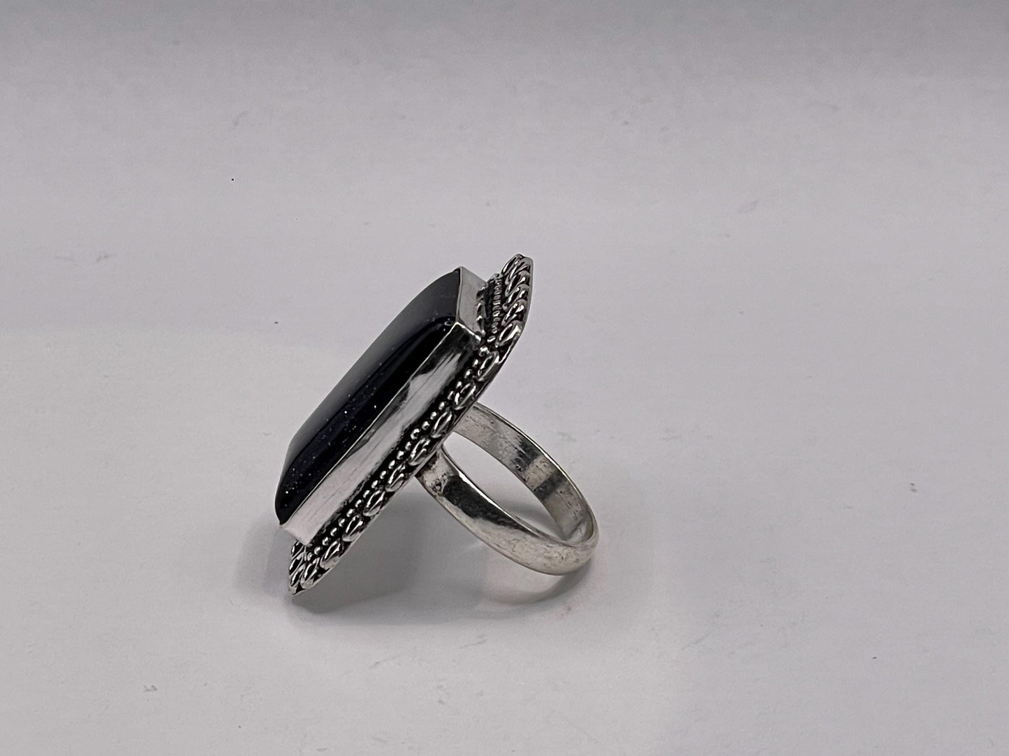 Vintage Black Goldstone Silver Bronze Ring