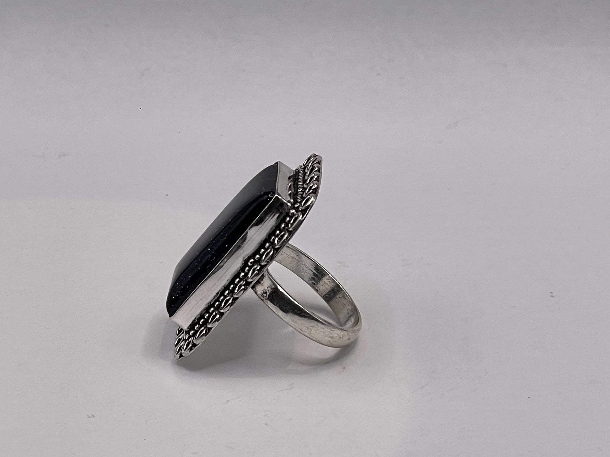 Vintage Black Goldstone Silver Bronze Ring