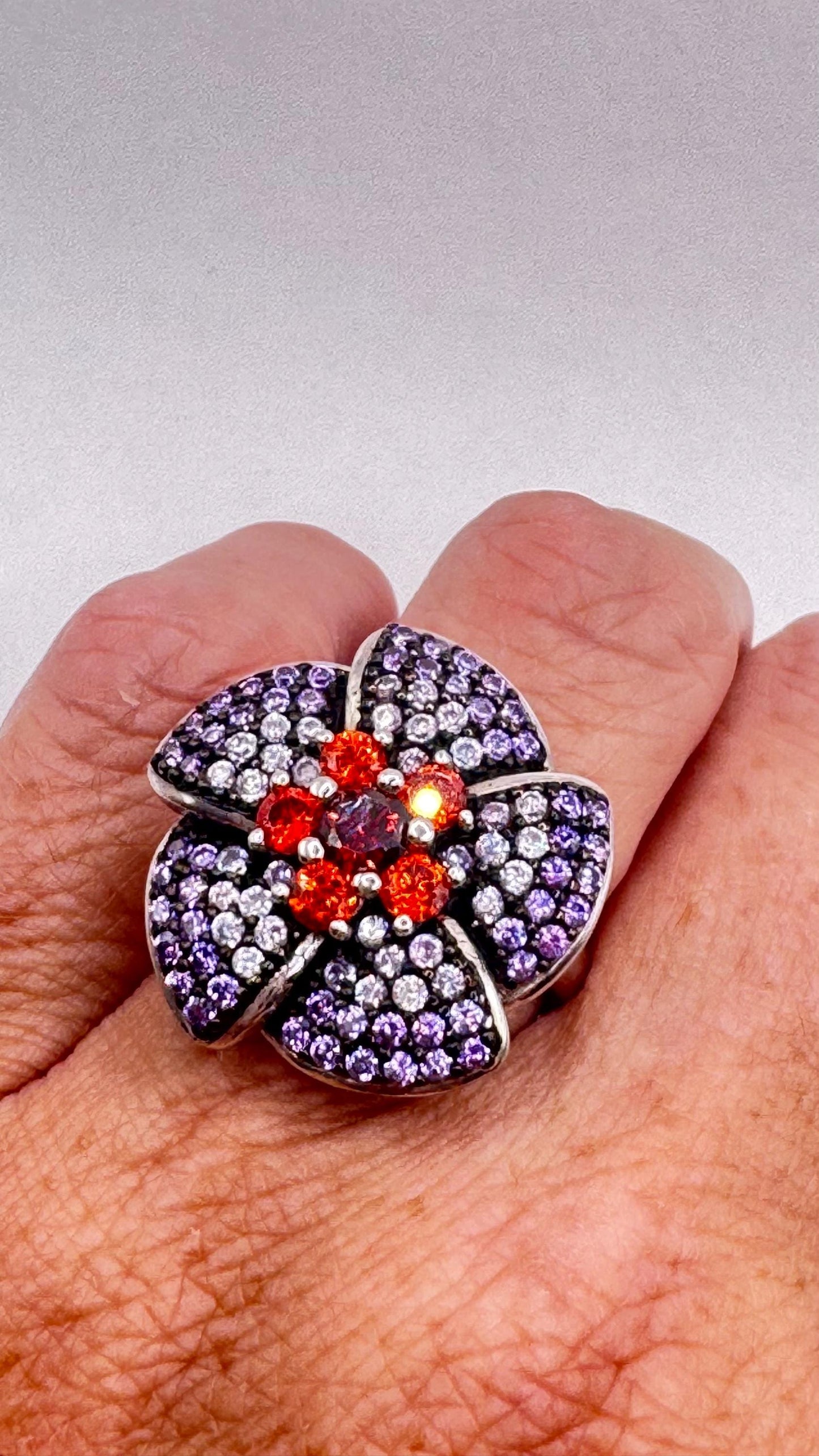 Vintage Purple Amethyst Garnet Flower Ring 925 Sterling Silver