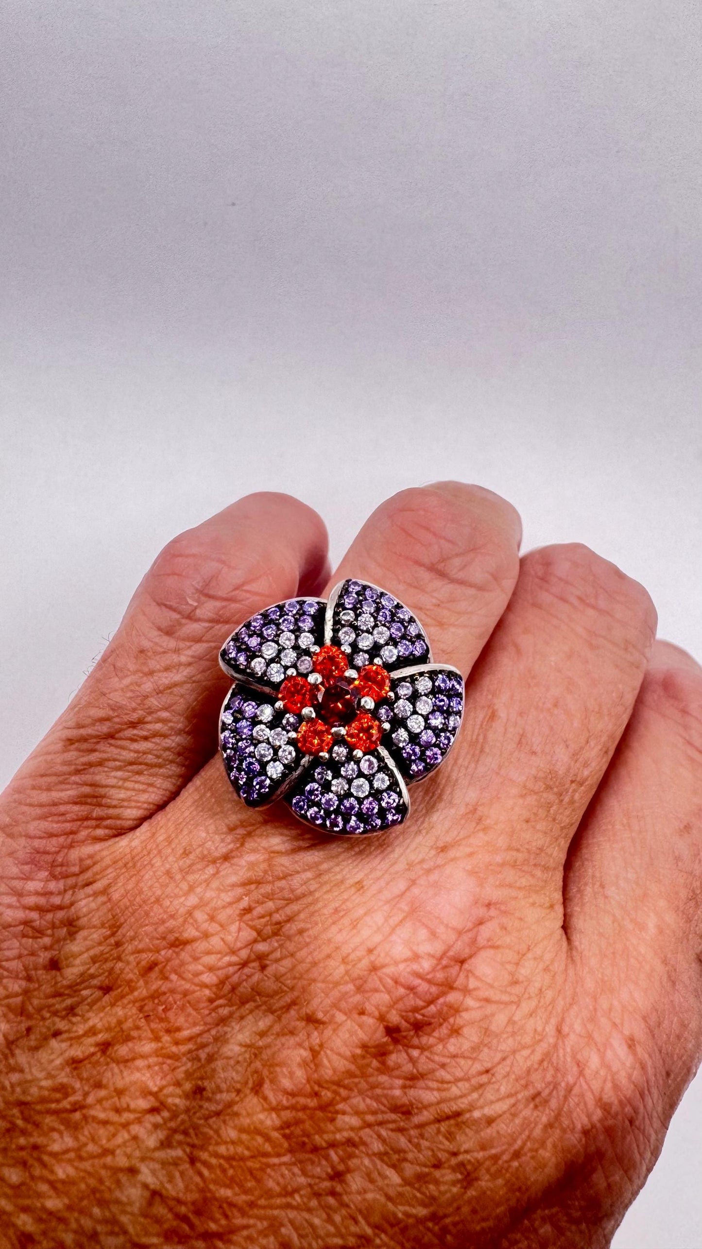 Vintage Purple Amethyst Garnet Flower Ring 925 Sterling Silver