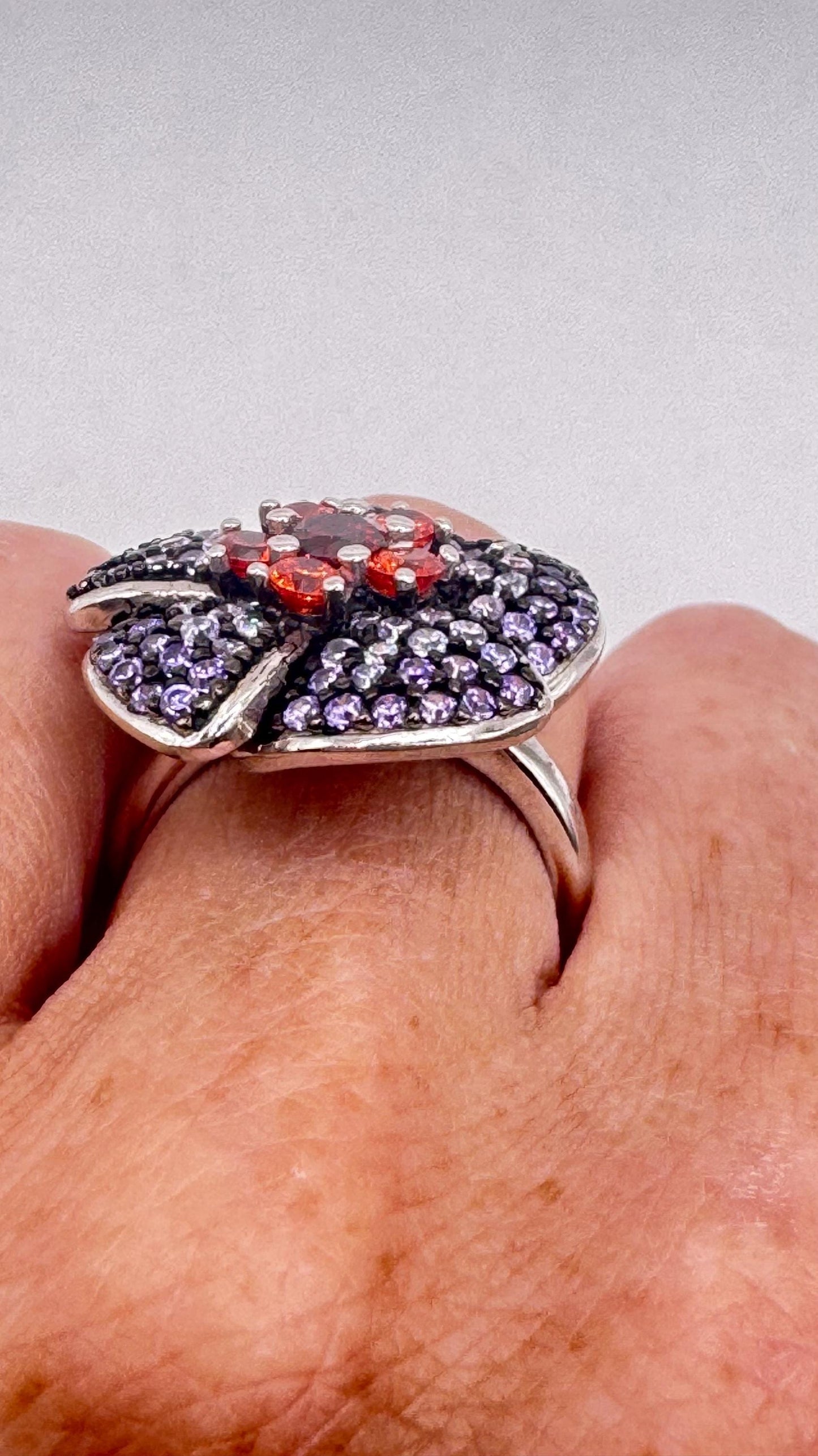 Vintage Purple Amethyst Garnet Flower Ring 925 Sterling Silver