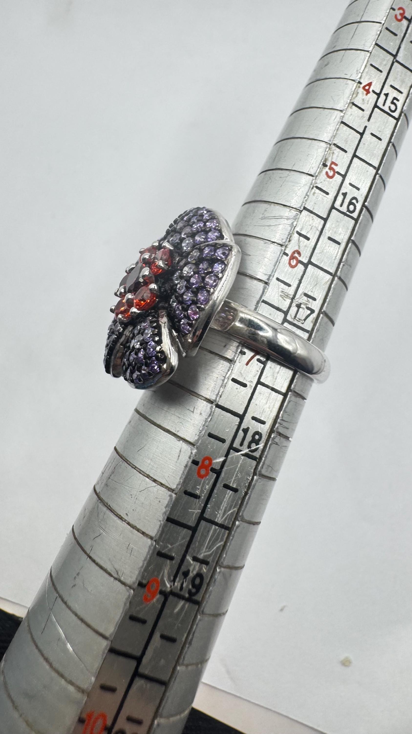 Vintage Purple Amethyst Garnet Flower Ring 925 Sterling Silver