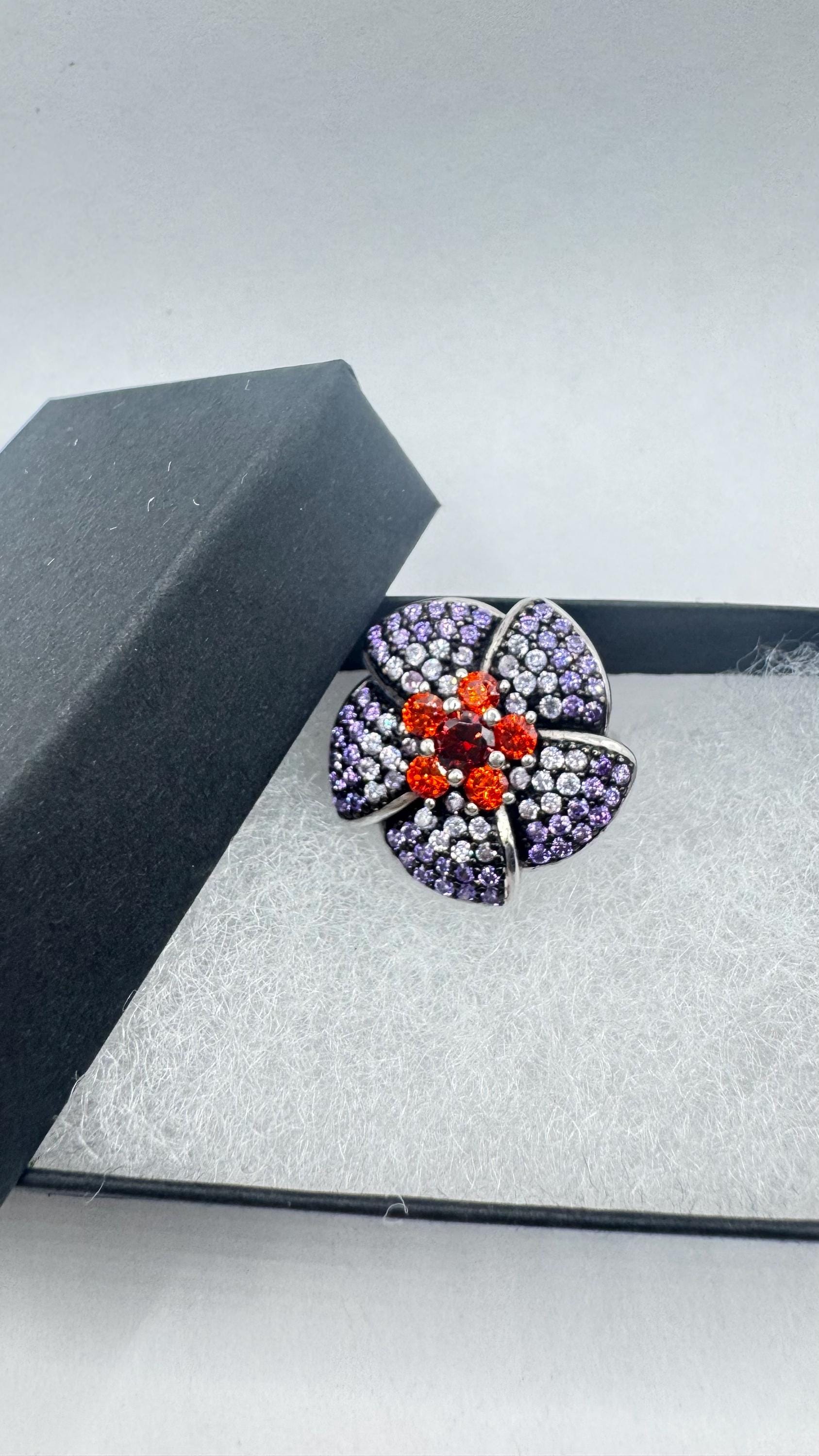 Vintage Purple Amethyst Garnet Flower Ring 925 Sterling Silver