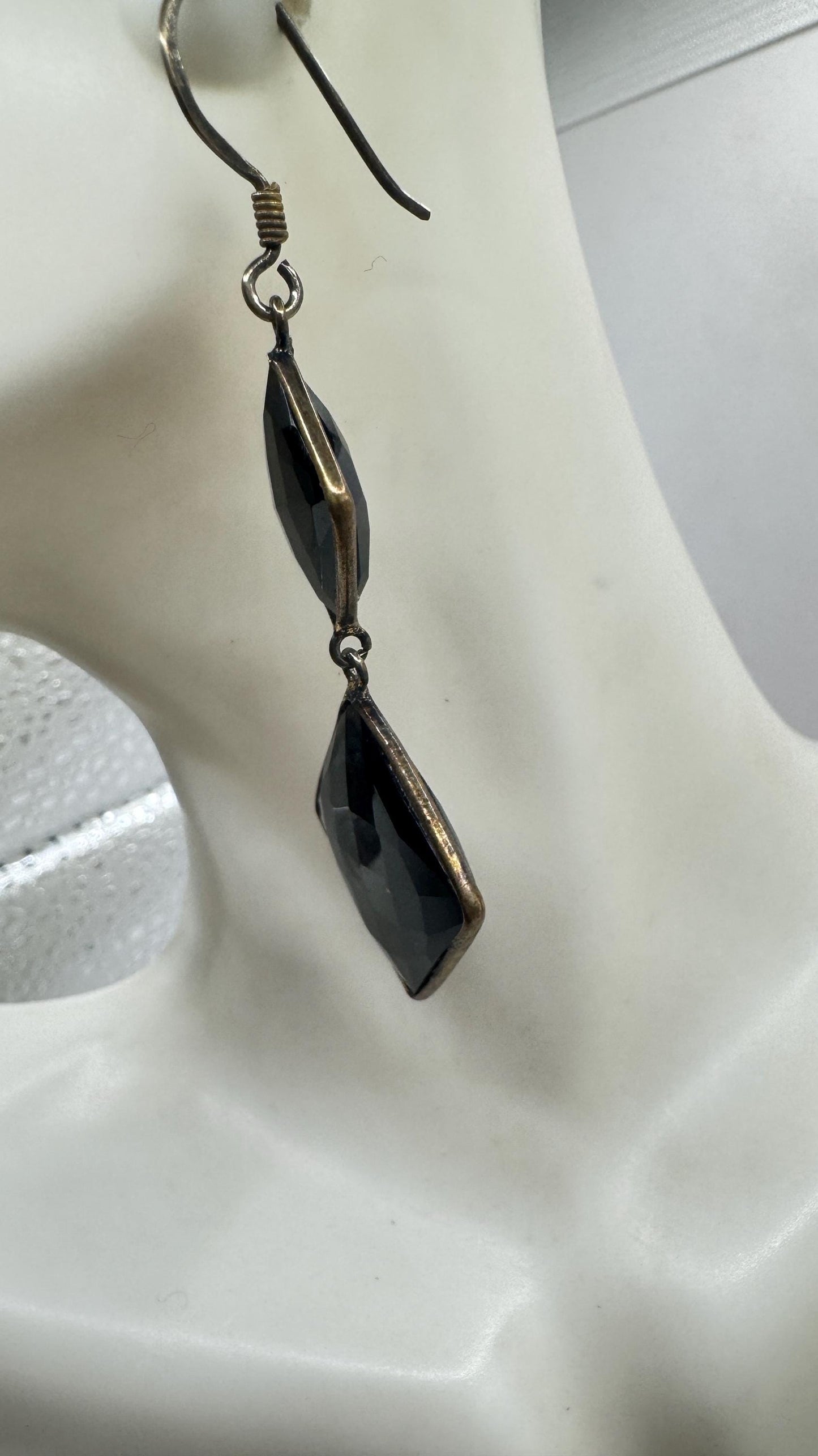 Vintage Black Earring Onyx 925 Sterling Silver Deco Dangle Chandelier