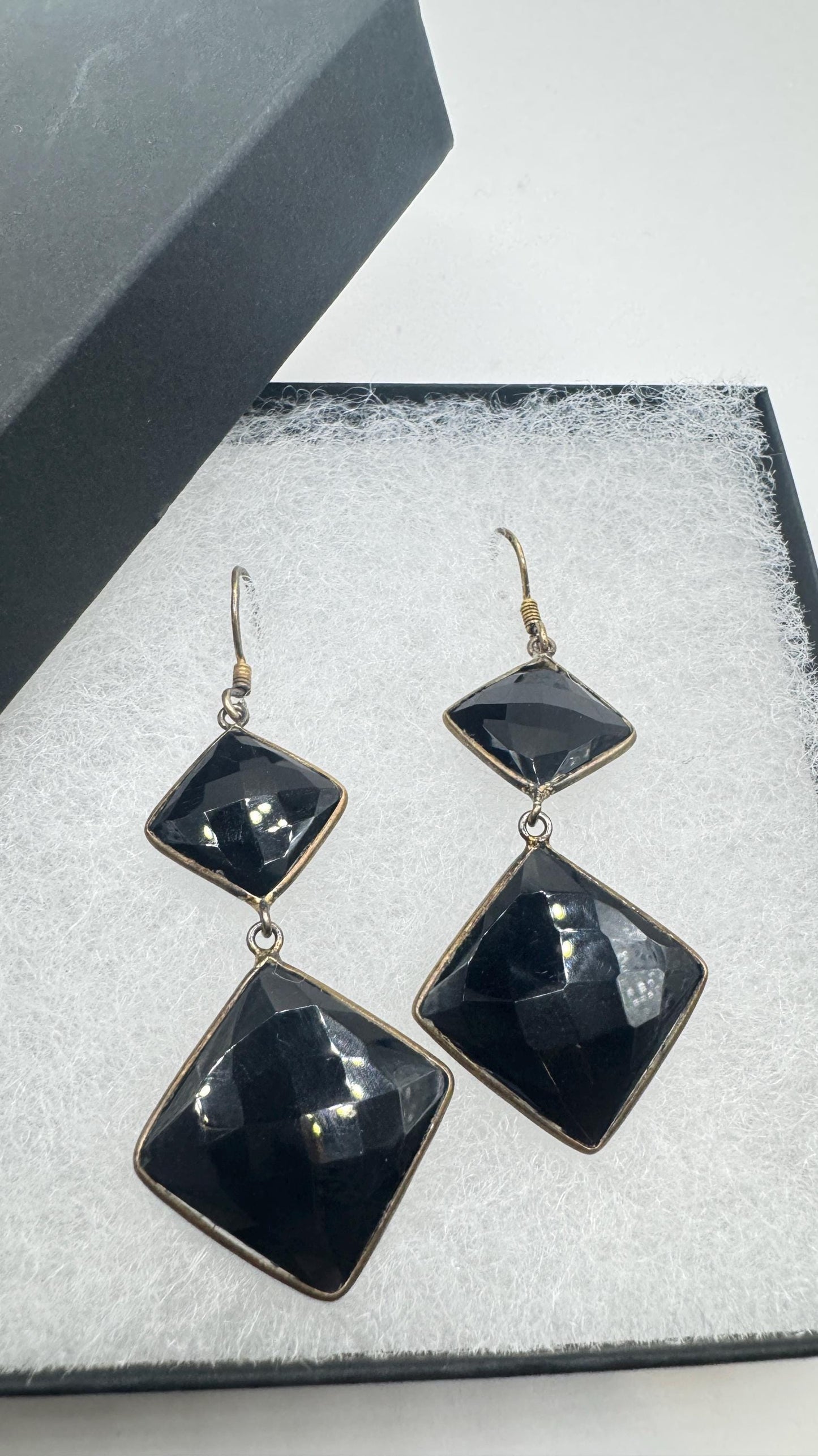 Vintage Black Earring Onyx 925 Sterling Silver Deco Dangle Chandelier