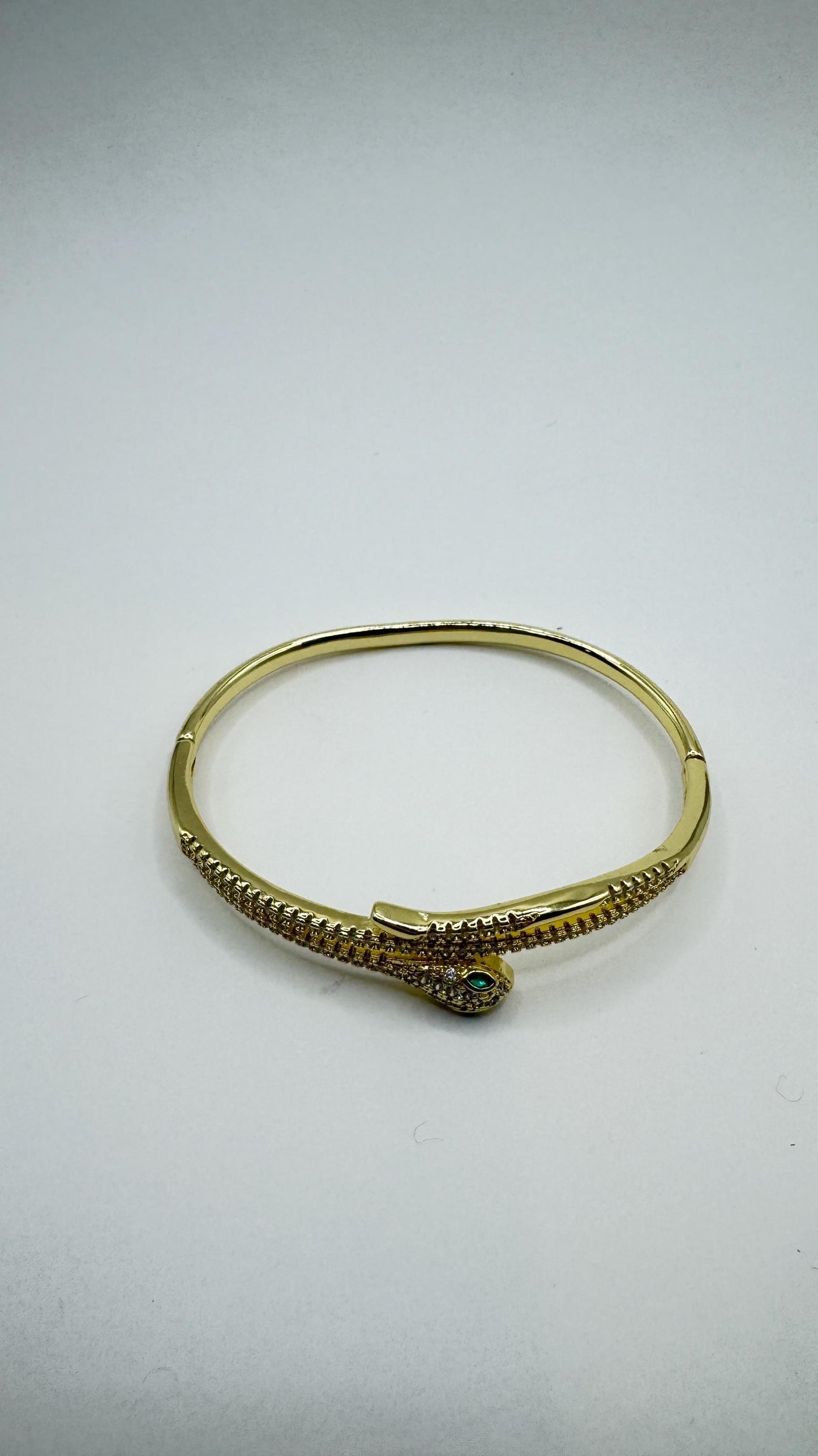 Vintage Snake Bangle Bracelet Gold filled Green Crystal Eyes