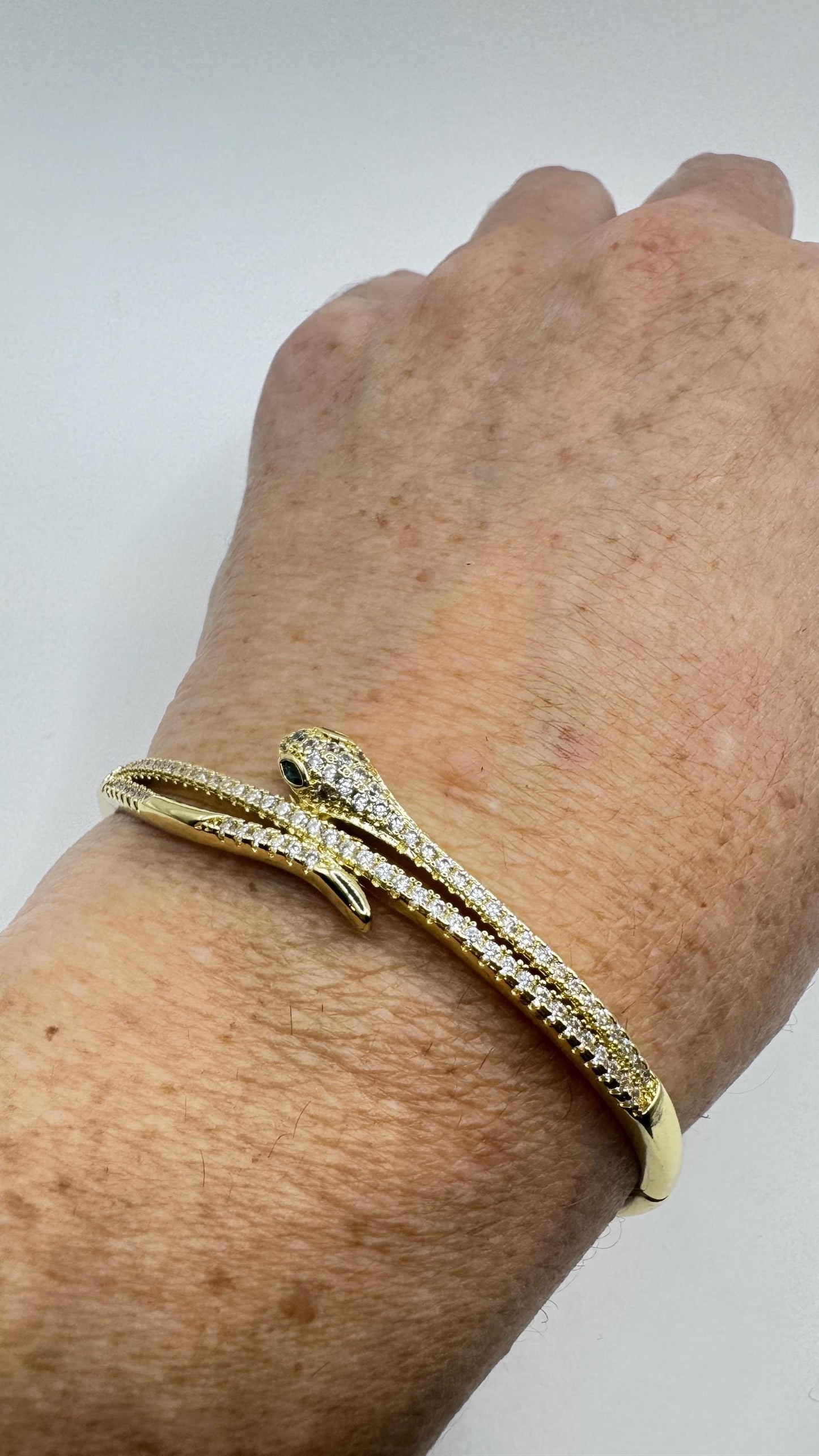 Vintage Snake Bangle Bracelet Gold filled Green Crystal Eyes