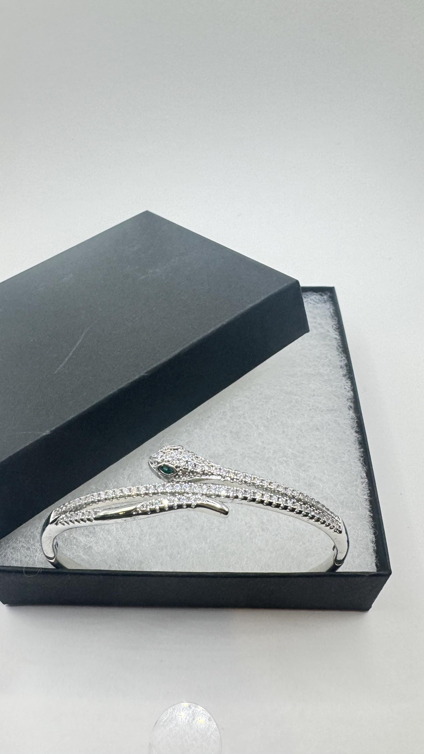 Vintage Snake Bangle Bracelet Gold filled Green Crystal Eyes