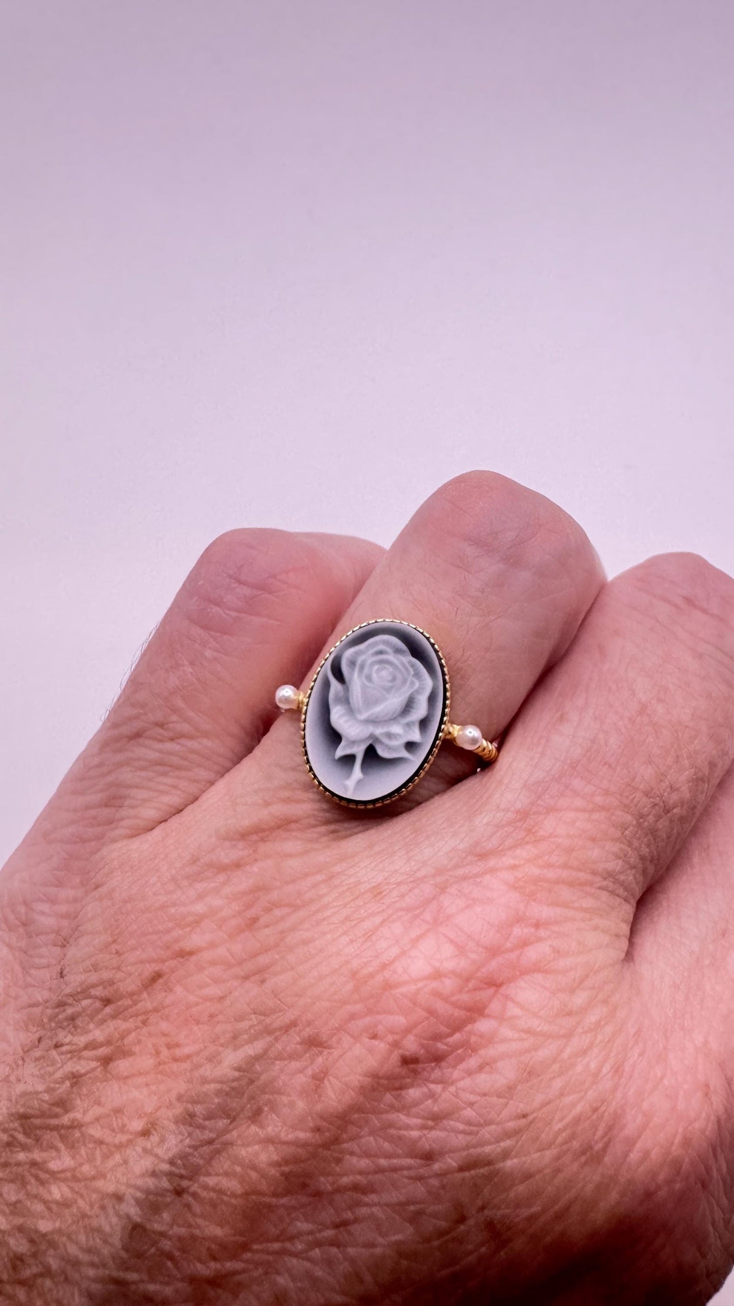 Vintage Black Onyx Rose Cameo Gold 925 Sterling Silver Cocktail Ring