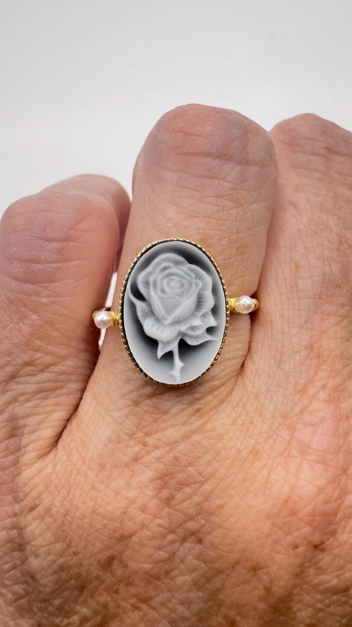 Vintage Black Onyx Rose Cameo Gold 925 Sterling Silver Cocktail Ring