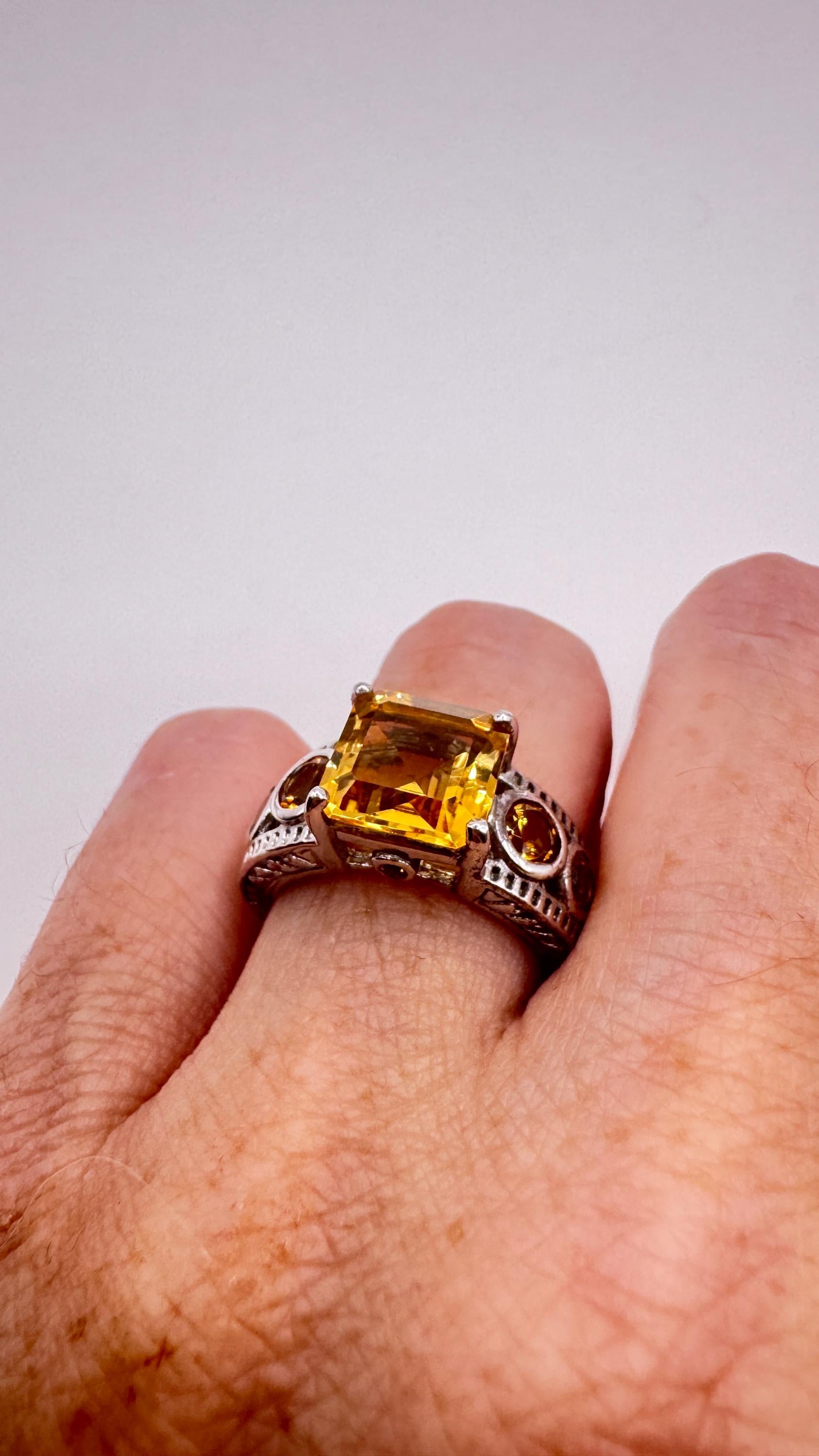 Vintage Gothic Golden Citrine Flower 925 Sterling Silver Ring