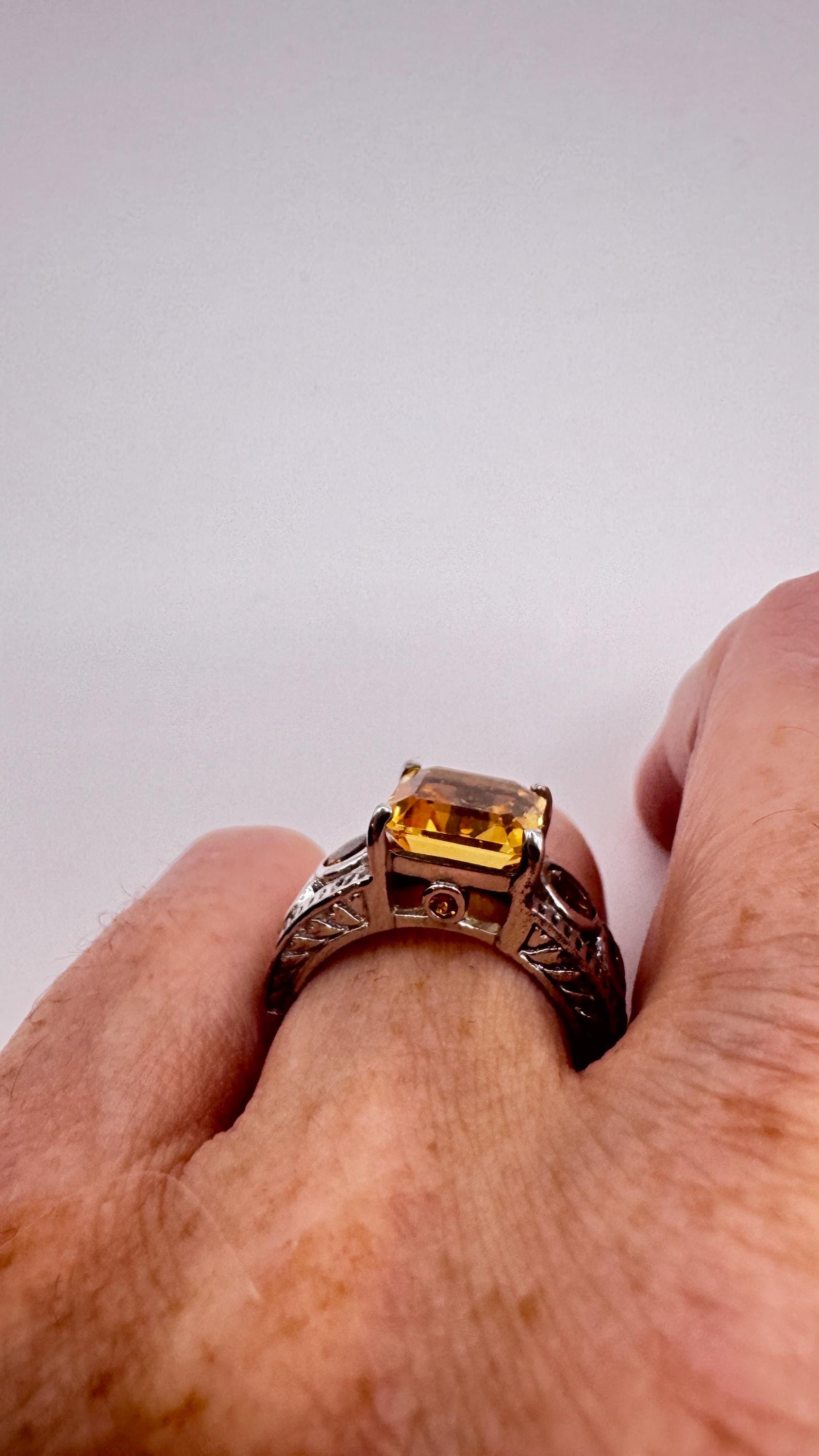 Vintage Gothic Golden Citrine Flower 925 Sterling Silver Ring