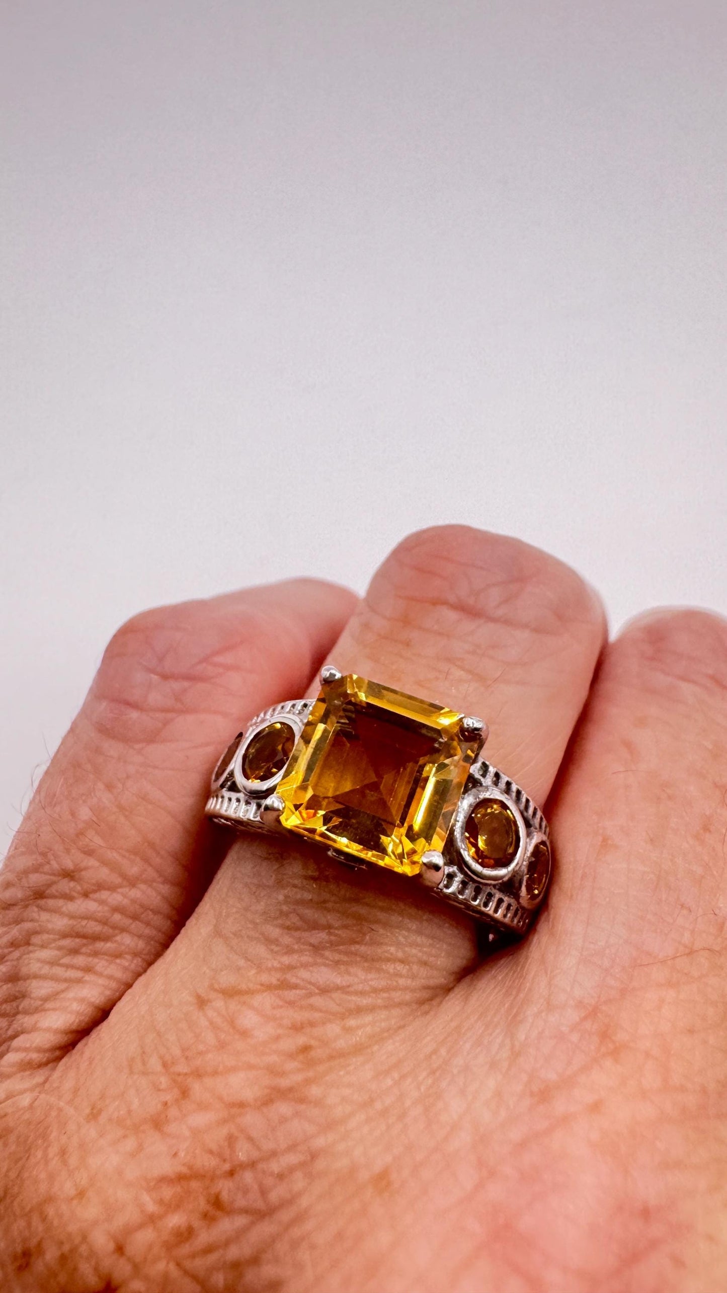 Vintage Gothic Golden Citrine Flower 925 Sterling Silver Ring