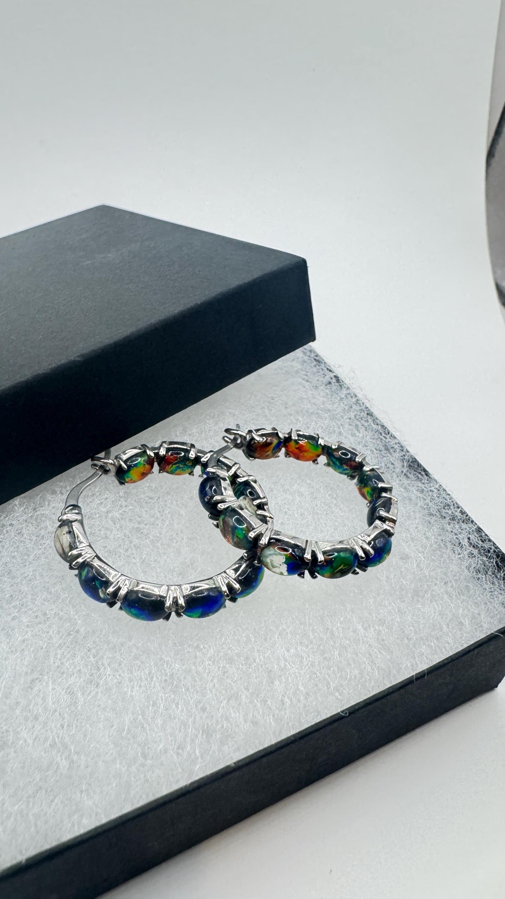 Vintage Black Opal Hoop Earrings 925 Sterling Silver dangle