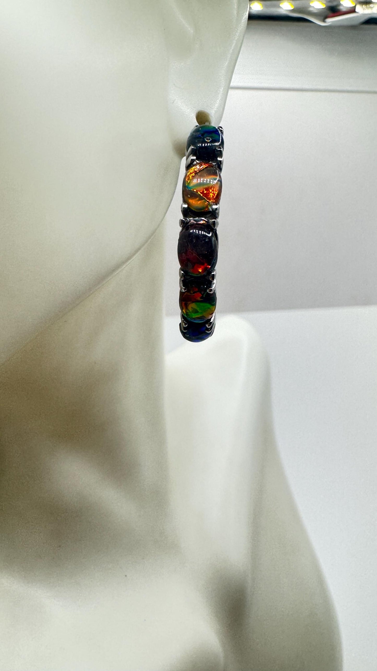 Vintage Black Opal Hoop Earrings 925 Sterling Silver dangle