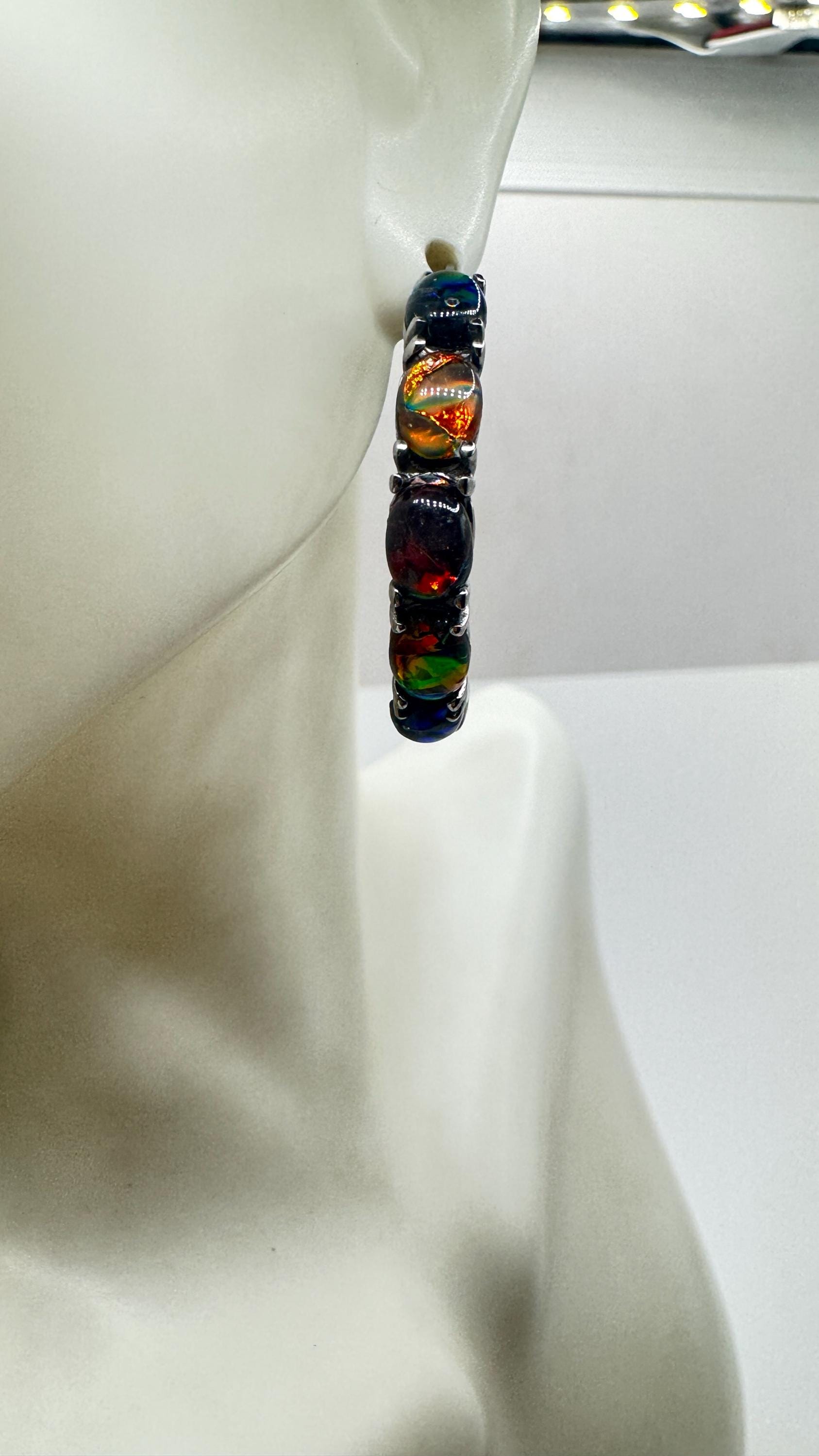 Vintage Black Opal Hoop Earrings 925 Sterling Silver dangle