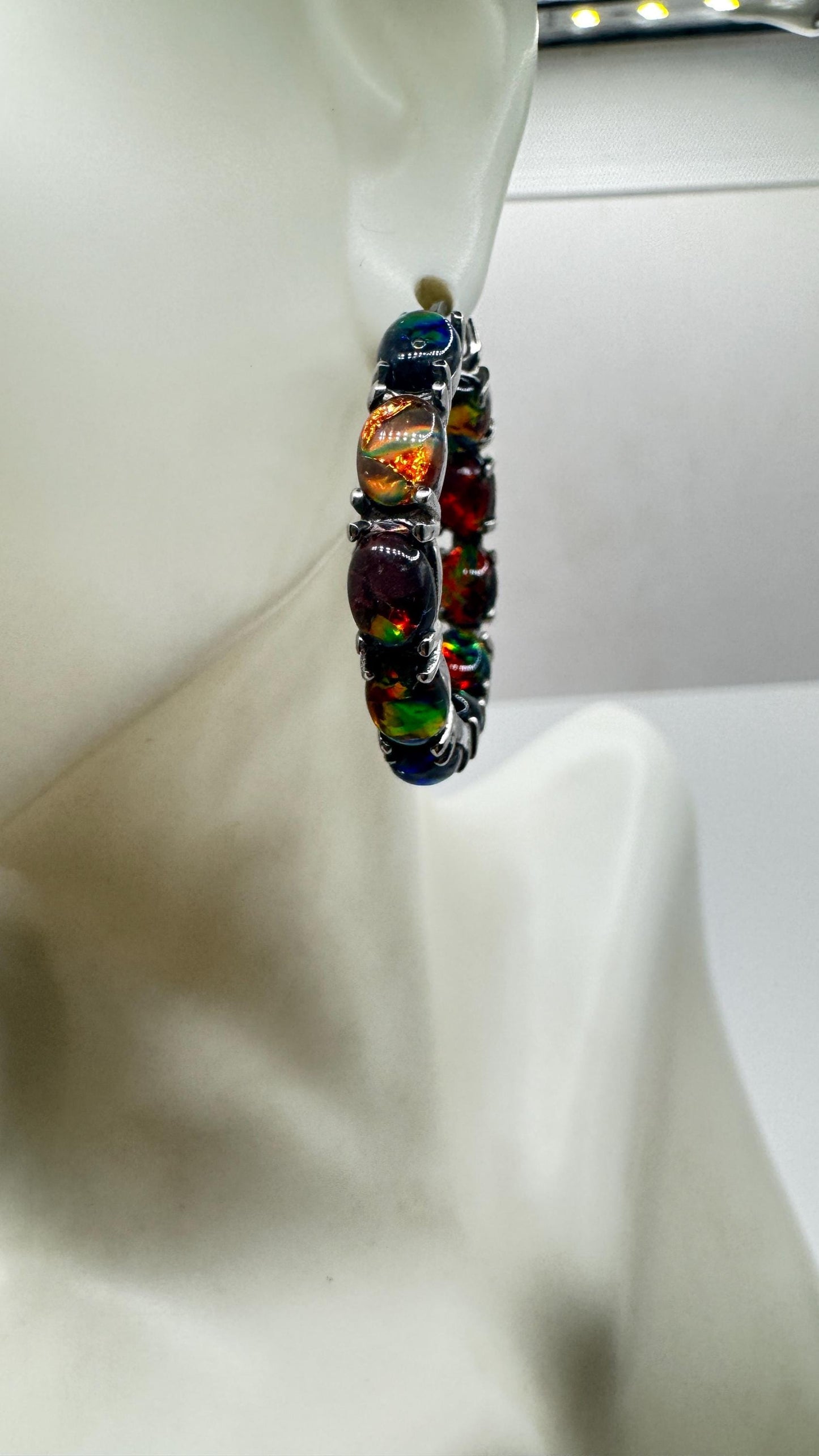 Vintage Black Opal Hoop Earrings 925 Sterling Silver dangle