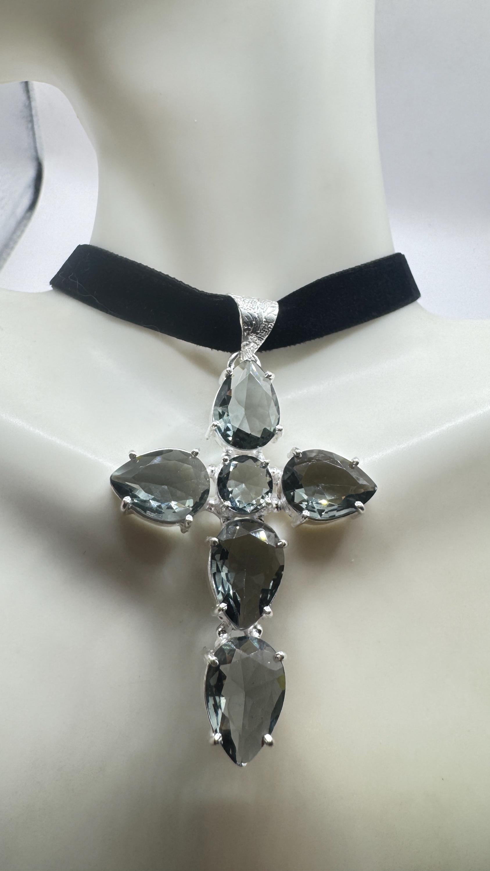 Vintage Blue Topaz Glass Cross Choker Black Velvet Ribbon Pendant