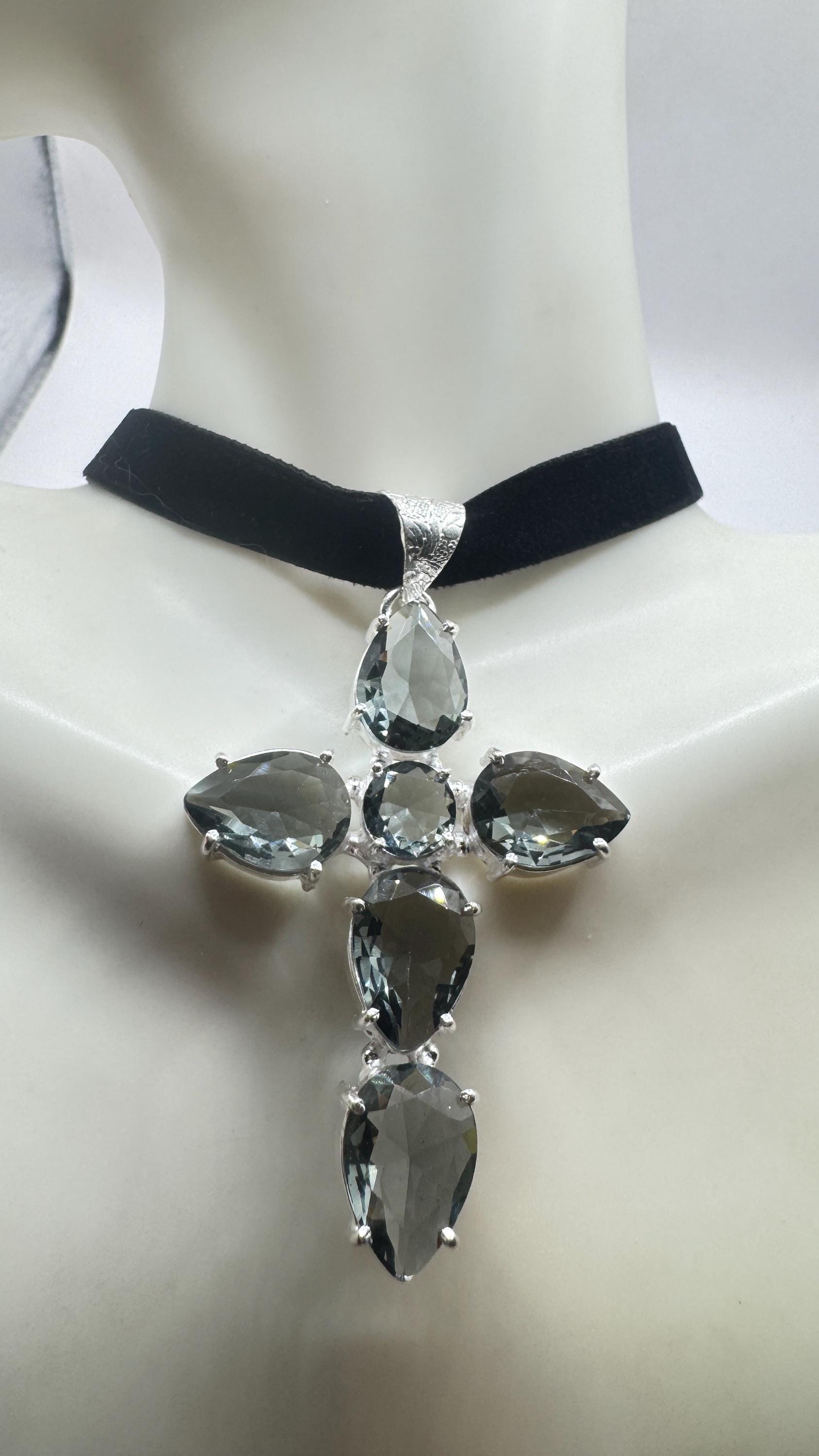 Vintage Blue Topaz Glass Cross Choker Black Velvet Ribbon Pendant