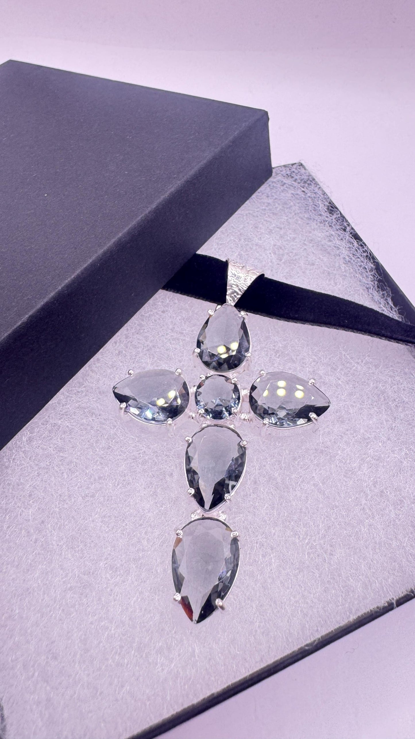 Vintage Blue Topaz Glass Cross Choker Black Velvet Ribbon Pendant