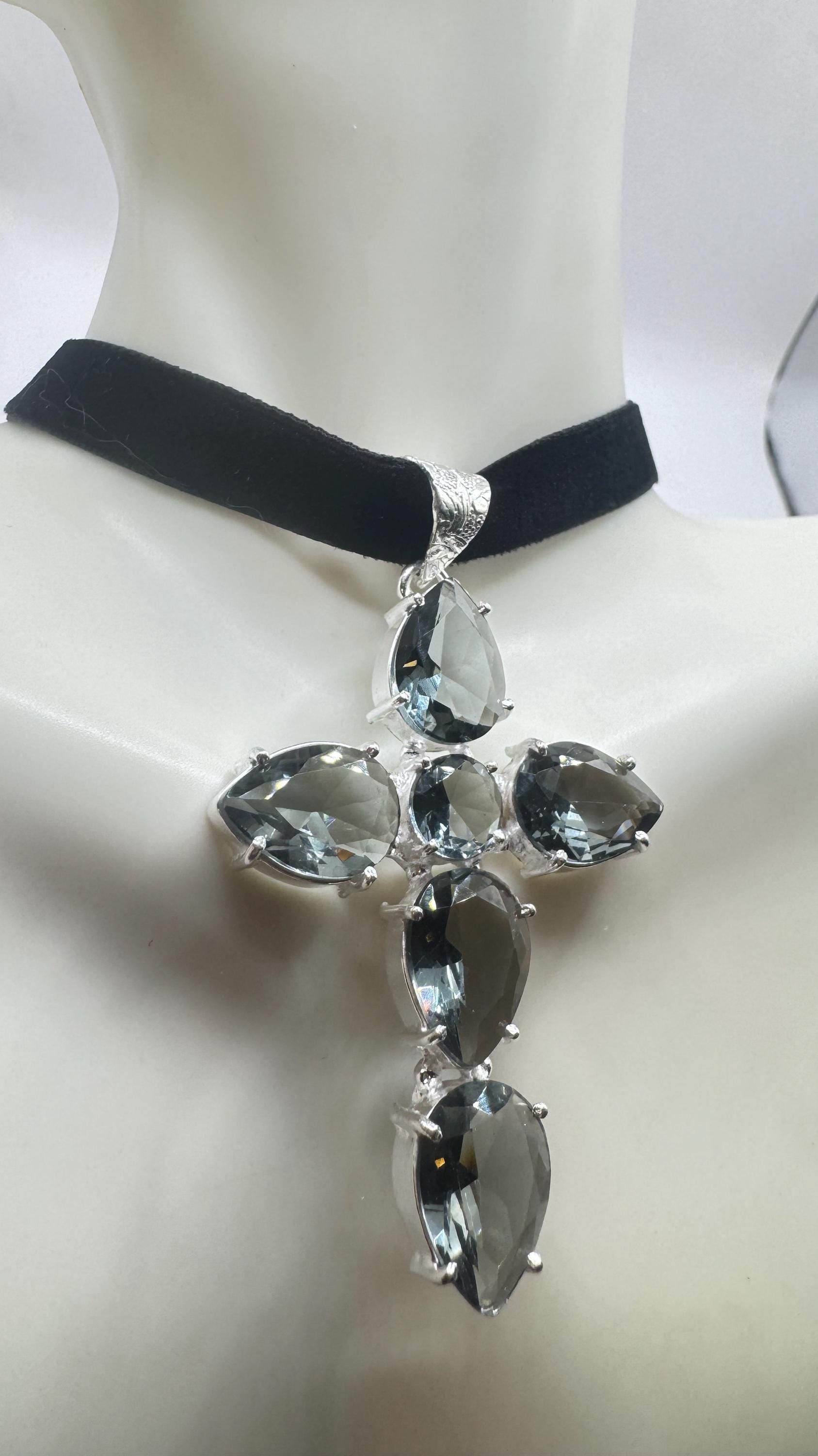 Vintage Blue Topaz Glass Cross Choker Black Velvet Ribbon Pendant