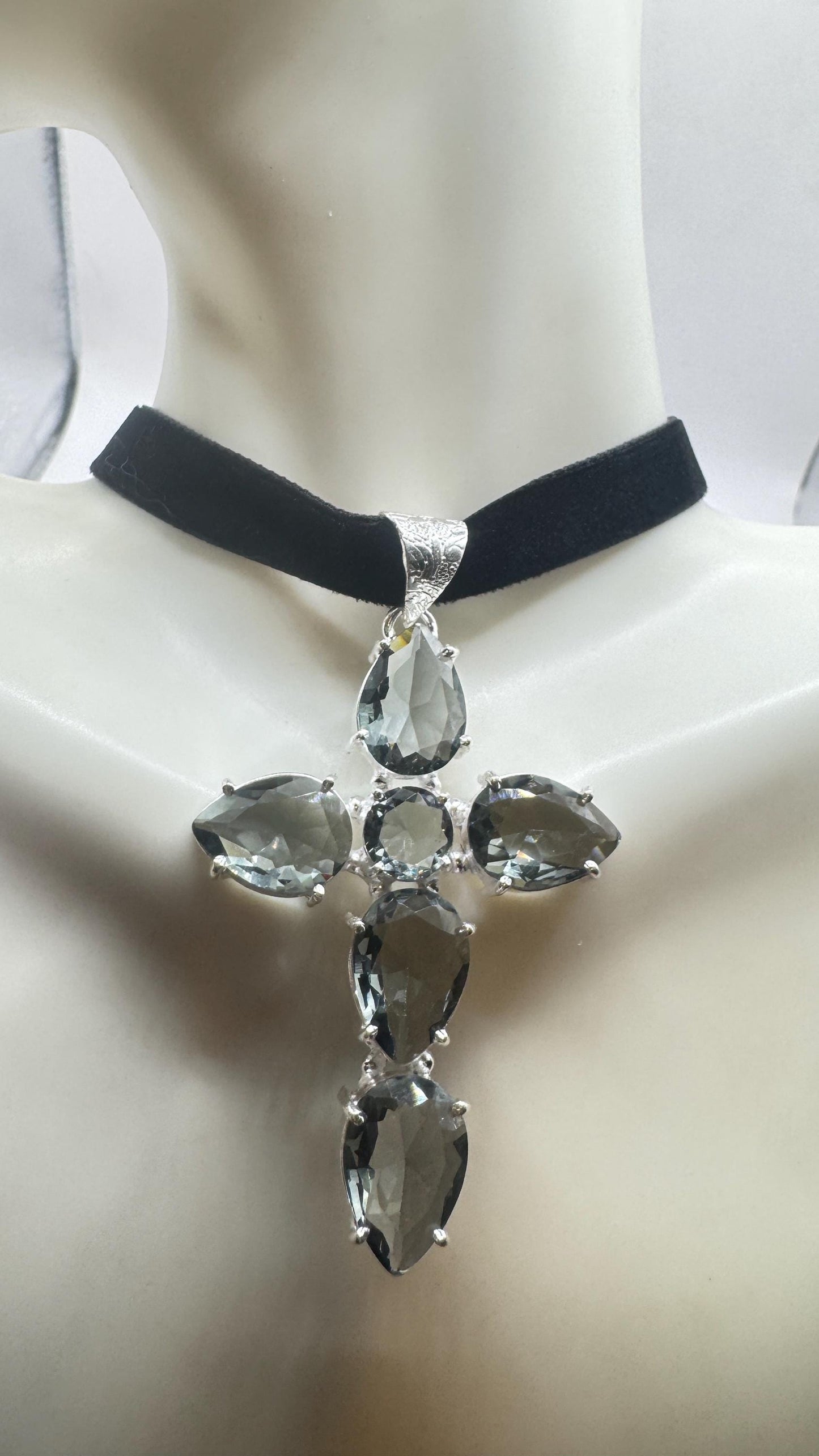 Vintage Blue Topaz Glass Cross Choker Black Velvet Ribbon Pendant