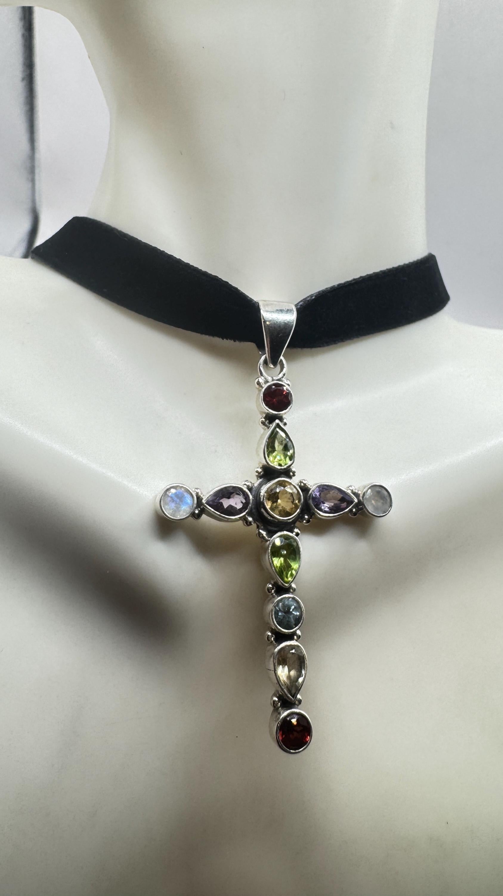 Vintage mixed gemstone cross 925 Sterling Silver Necklace Black Velvet Choker