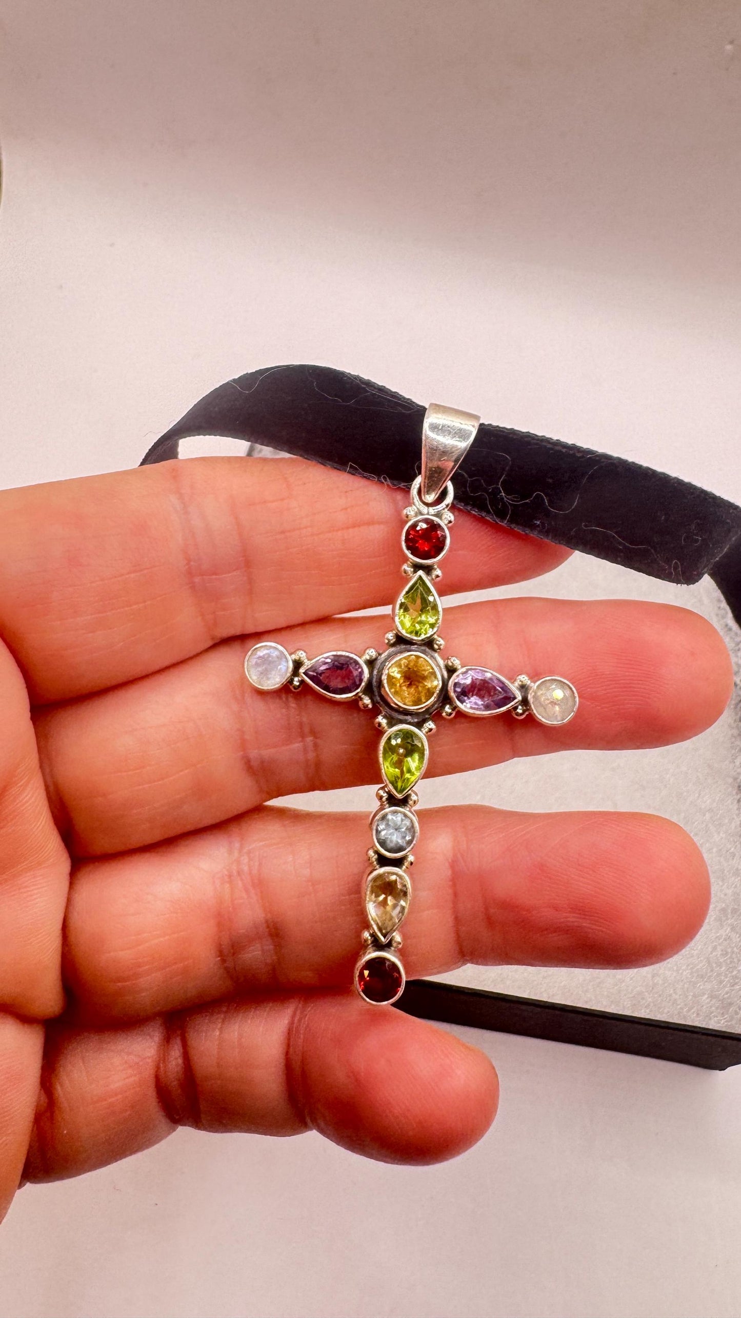 Vintage mixed gemstone cross 925 Sterling Silver Necklace Black Velvet Choker