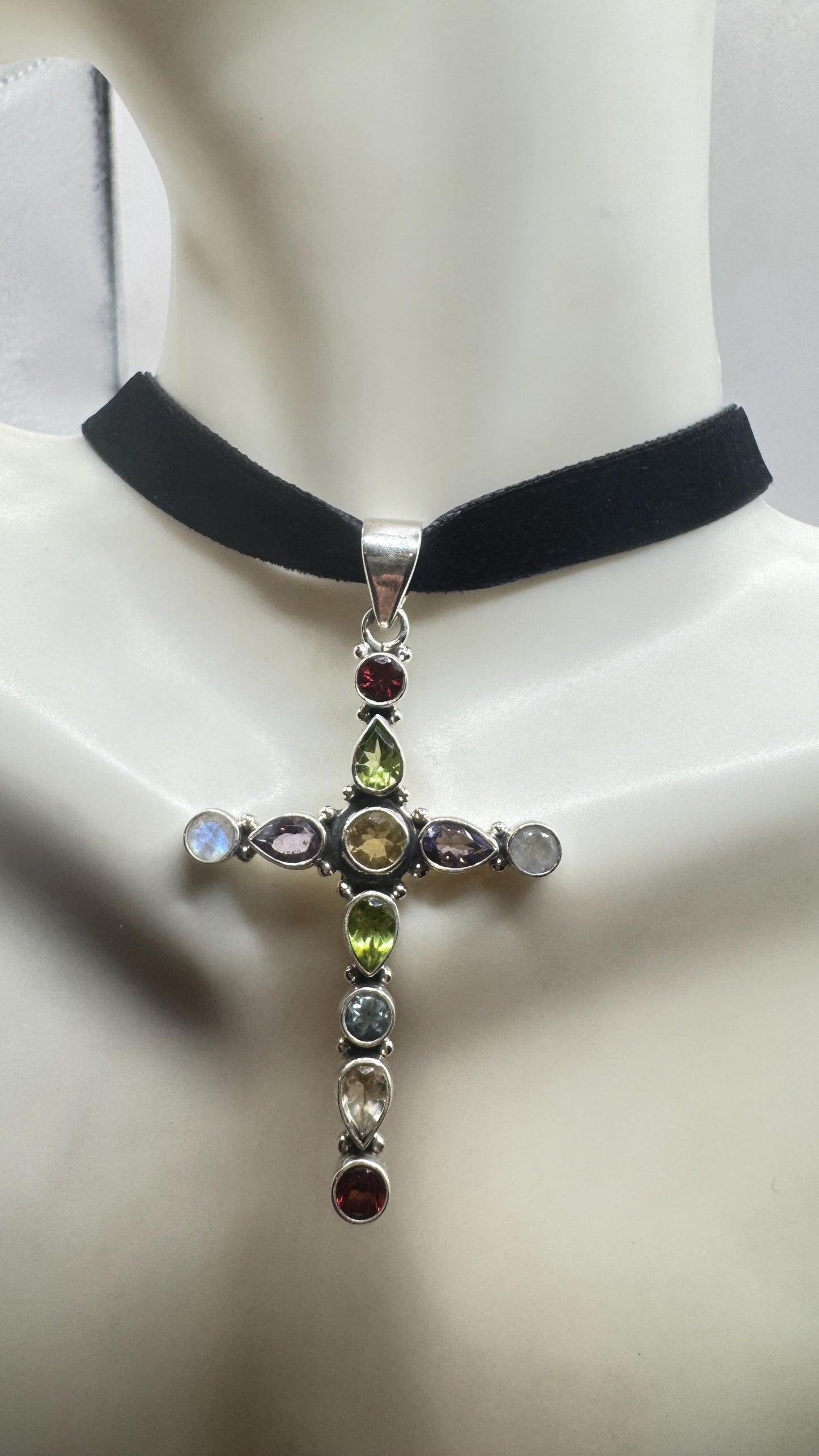 Vintage mixed gemstone cross 925 Sterling Silver Necklace Black Velvet Choker