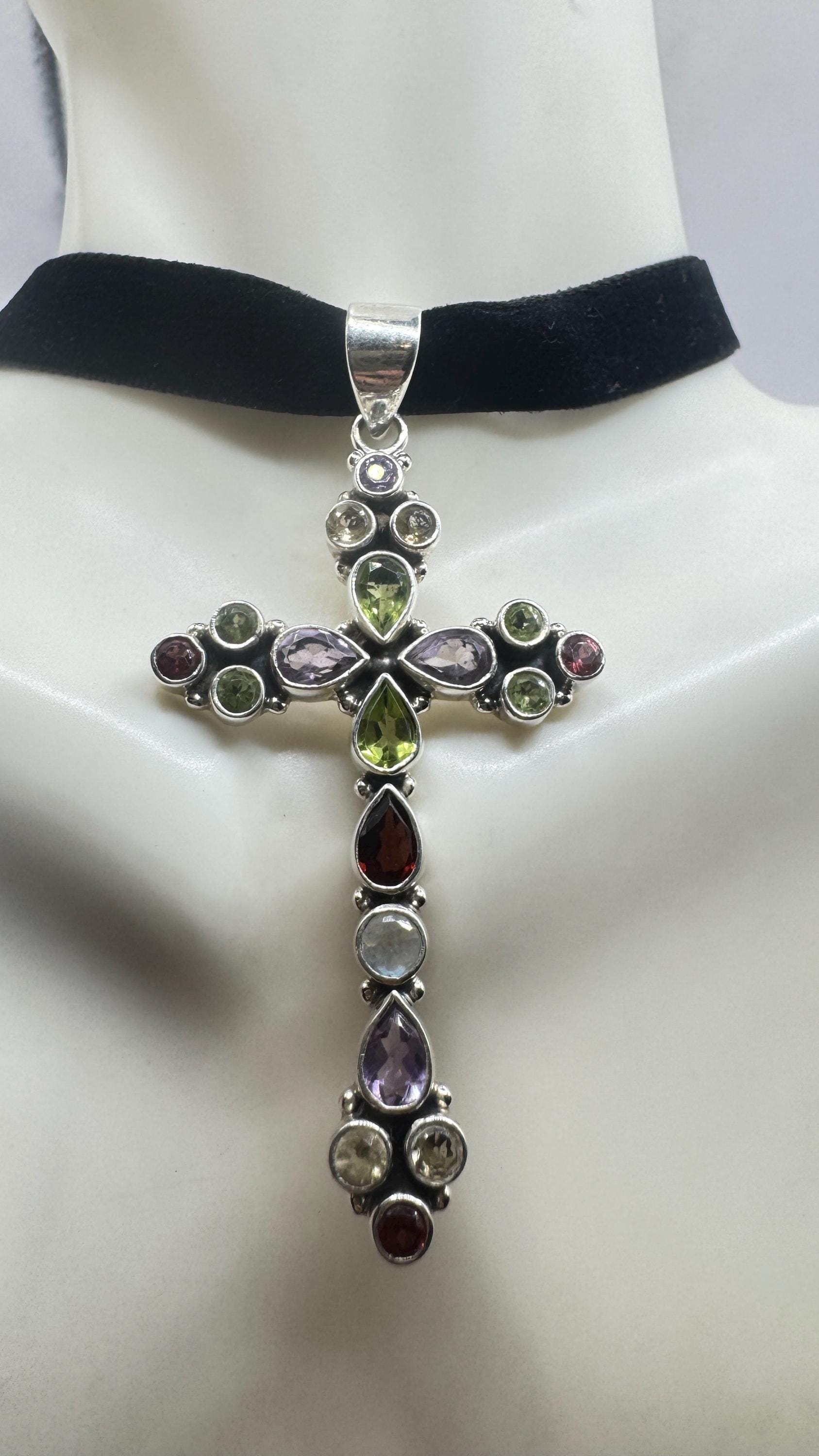 Vintage mixed gemstone cross 925 Sterling Silver Necklace Black Velvet Choker