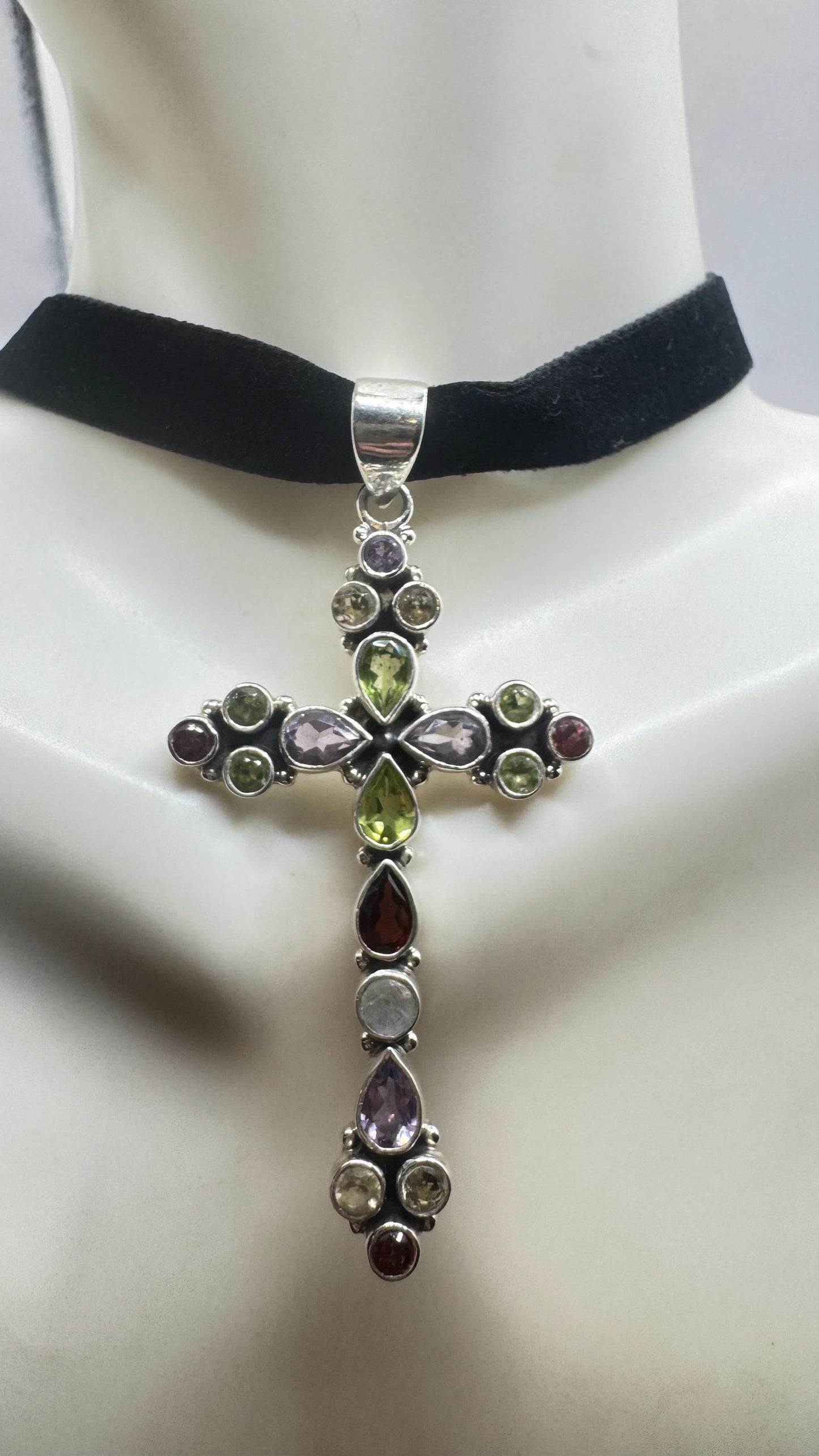 Vintage mixed gemstone cross 925 Sterling Silver Necklace Black Velvet Choker
