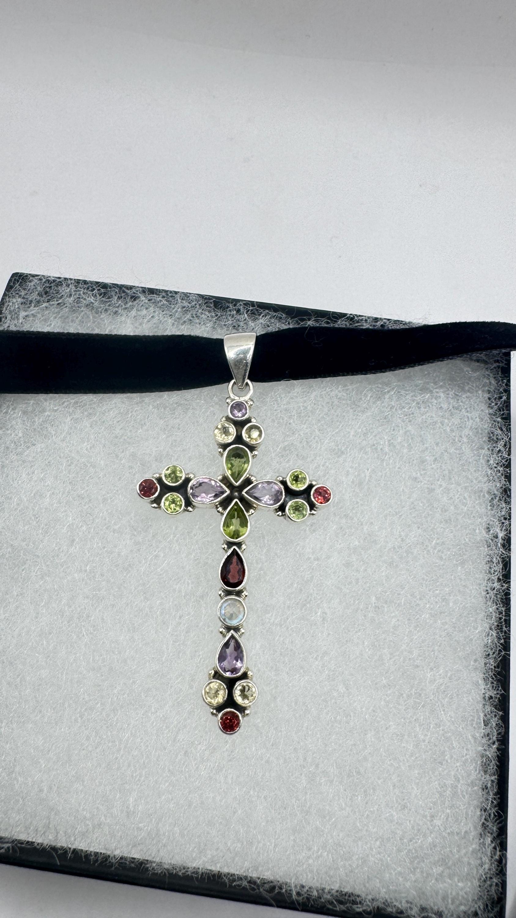 Vintage mixed gemstone cross 925 Sterling Silver Necklace Black Velvet Choker