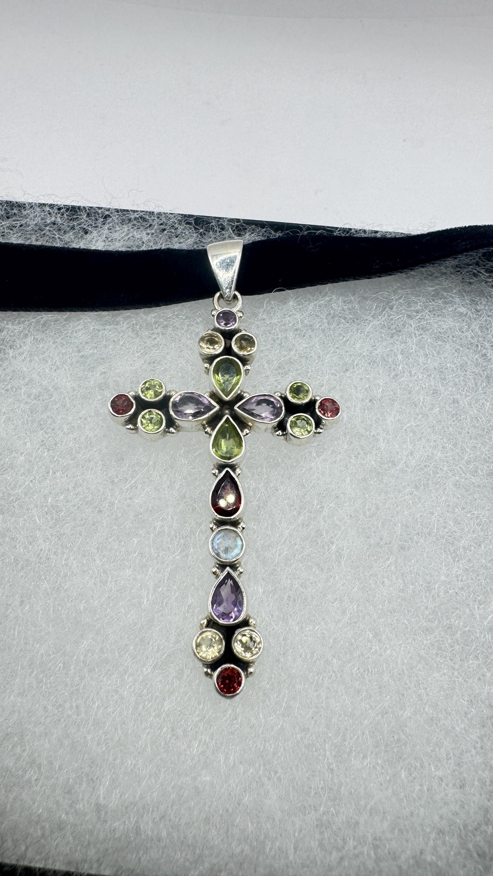 Vintage mixed gemstone cross 925 Sterling Silver Necklace Black Velvet Choker